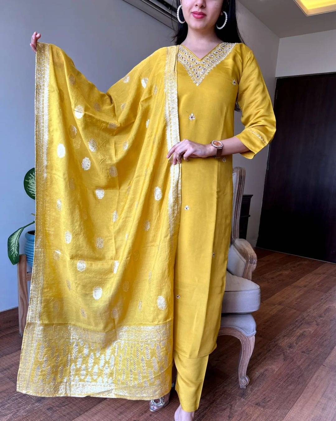 KC Kunj Creation Women Chanderi Embellished Straight Kurti With Pants ( Mustard ) KC Kunj Creation Women Chanderi Embellished Straight Kurti With Pants ( Mustard )