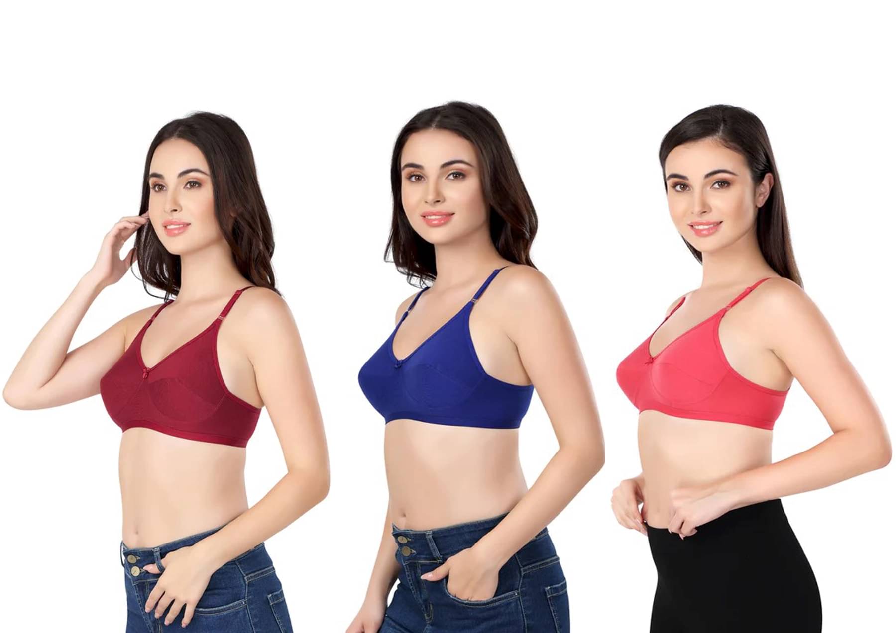 Kiran Enterprises Pack of 3 Cotton Non Padded Everyday Bra For Women ( Maroon,Red,Peach )     			Kiran Enterprises Pack of 3 Cotton Non Padded Everyday Bra For Women ( Maroon,Red,Peach )