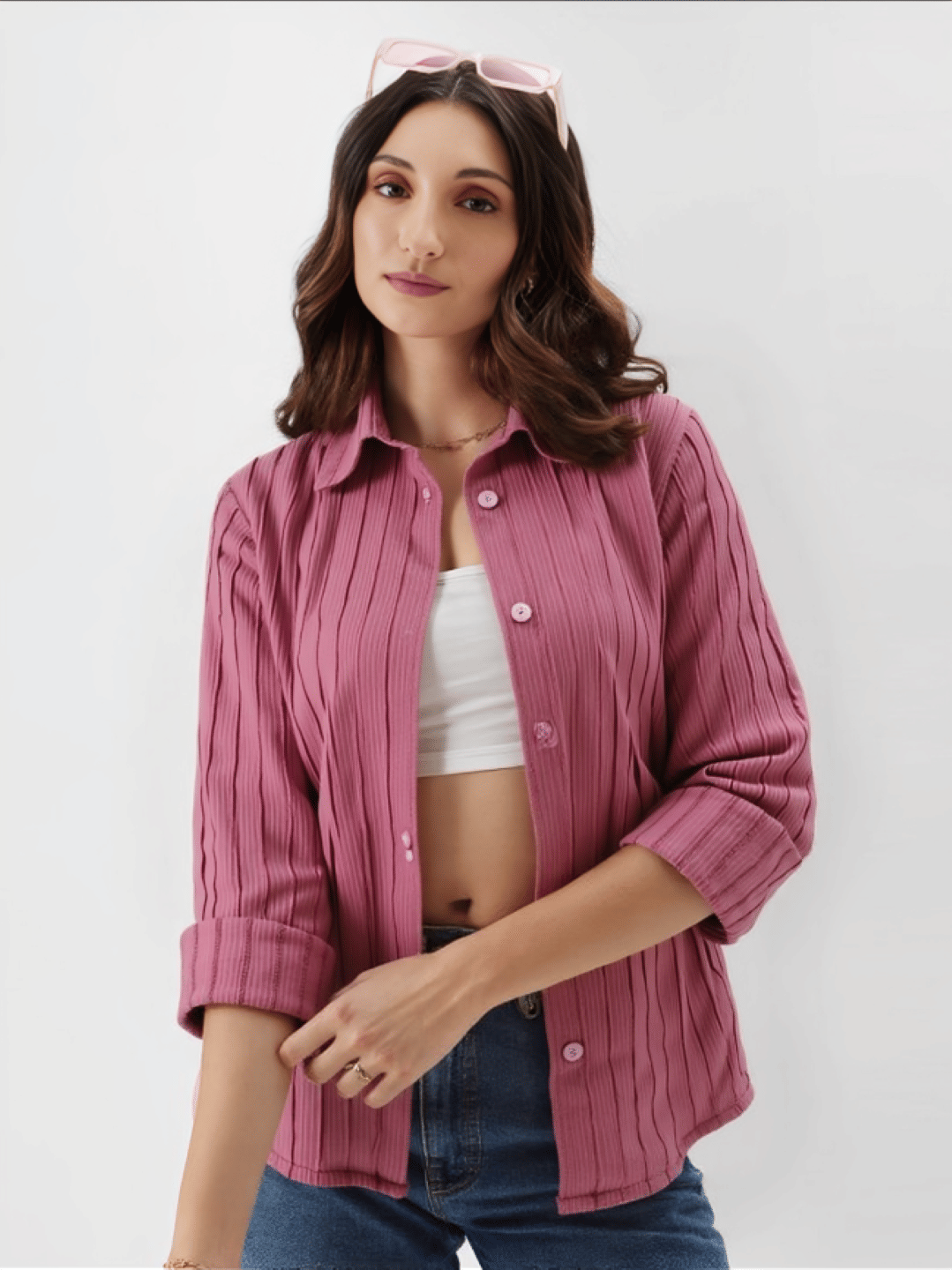     			MAYKR Women Striped Georgette Shirt ( Pink )