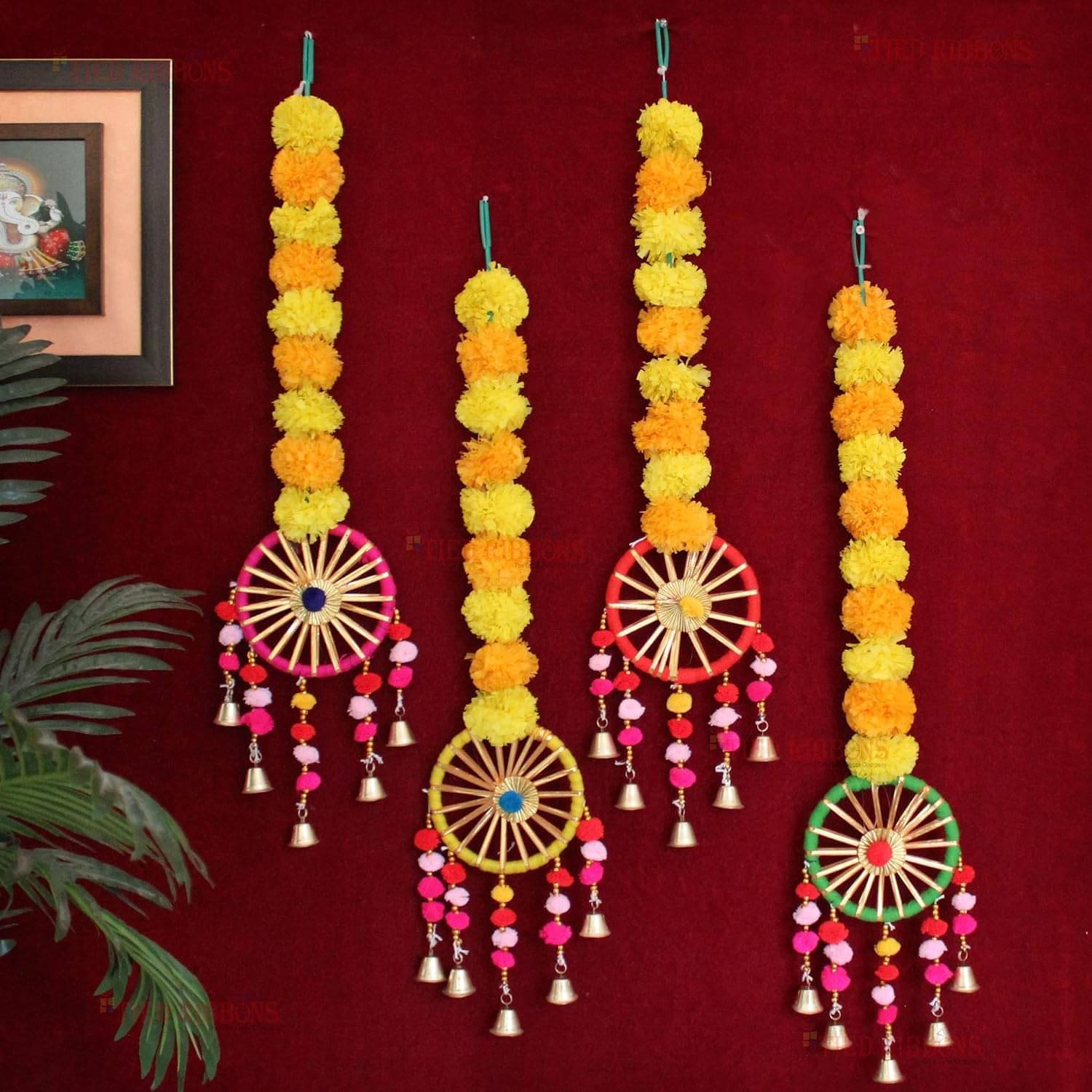 Set Of 4 Artificial Marigold Flower Garland Decorations Wall Door Hanging Toran With Bells Rajasthani - Diwali Decoration Items For Home Decor Pooja Room Set Of 4 Artificial Marigold Flower Garland Decorations Wall Door Hanging Toran With Bells Rajasthani - Diwali Decoration Items For Home Decor Pooja Room