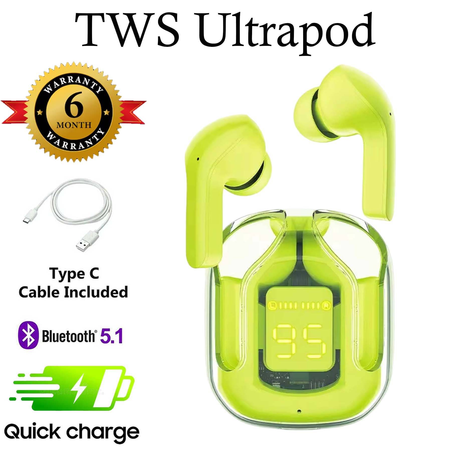     			U7 TWS Ultrapod Green, 30 hours of Playback and Deep Bass, Crystal Clear Call, Fast Charging, 3D Sound, Ultra Low Latency