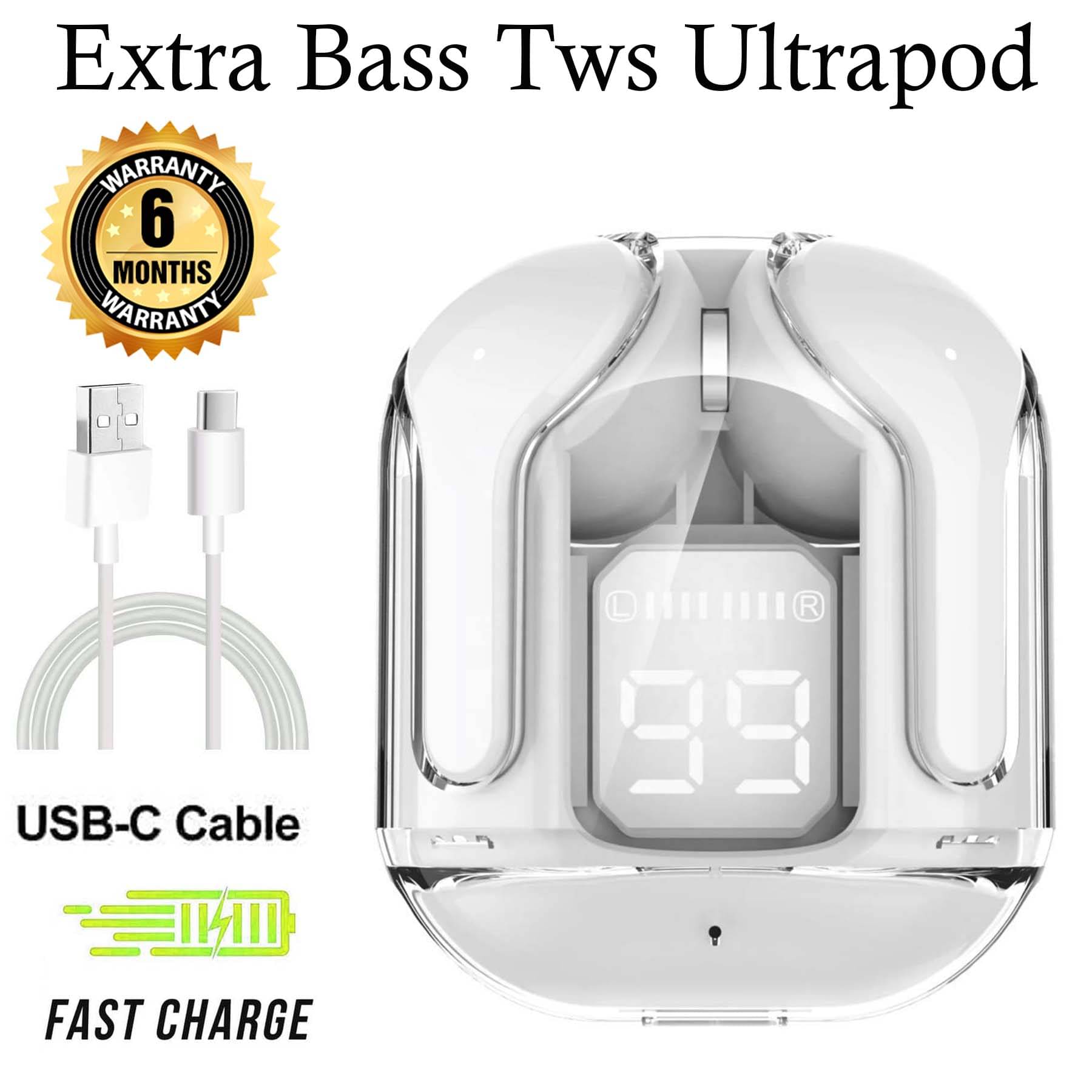    			U7 True Wireless Ultrapod White with Fast Charging, 3D Sound, Ultra Low Latency & 30 hours of Playback and Deep Bass