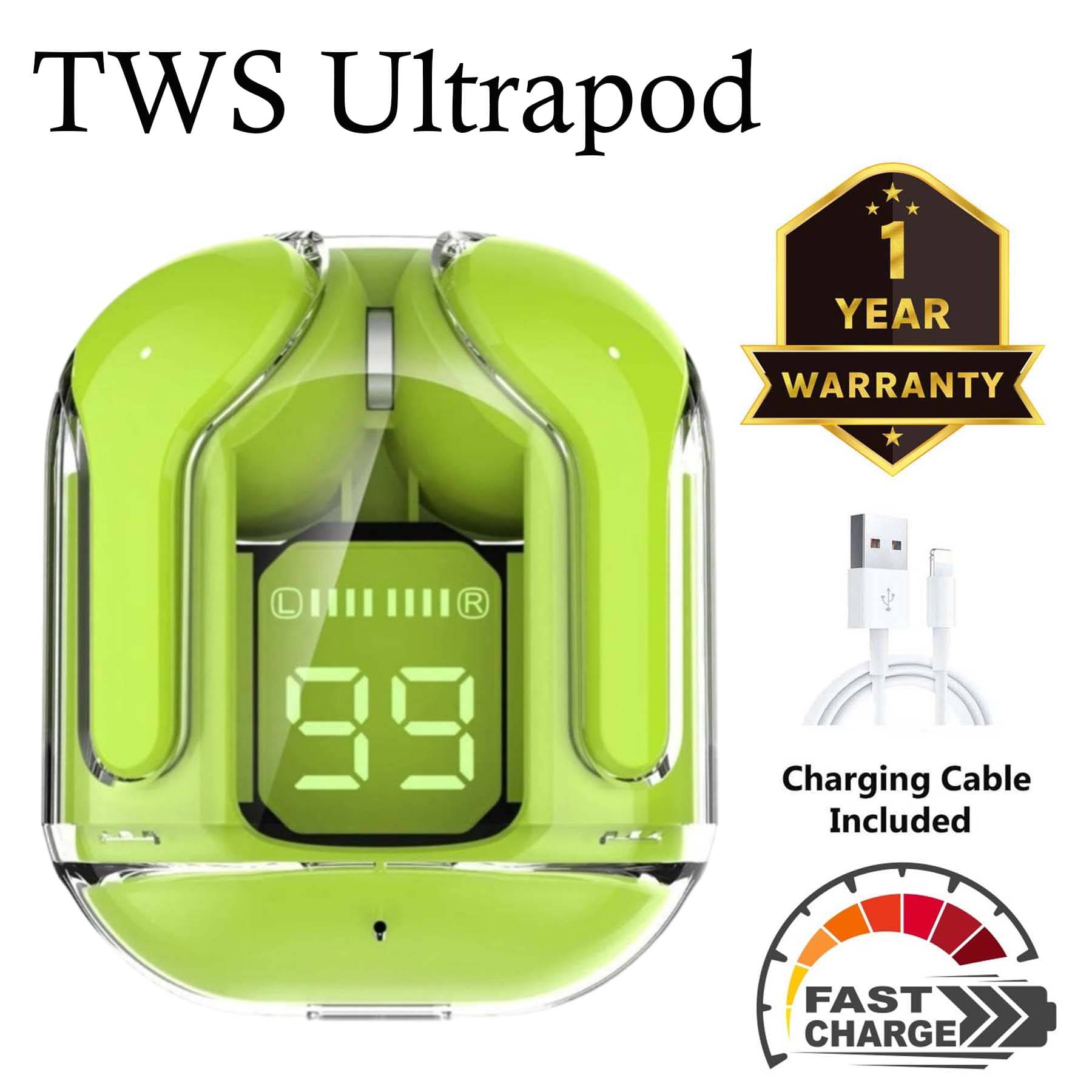     			U7 True Wireless Ultrapod with Fast Charging, 3D Sound, Ultra Low Latency, Upto 30Hr Playtime - Green