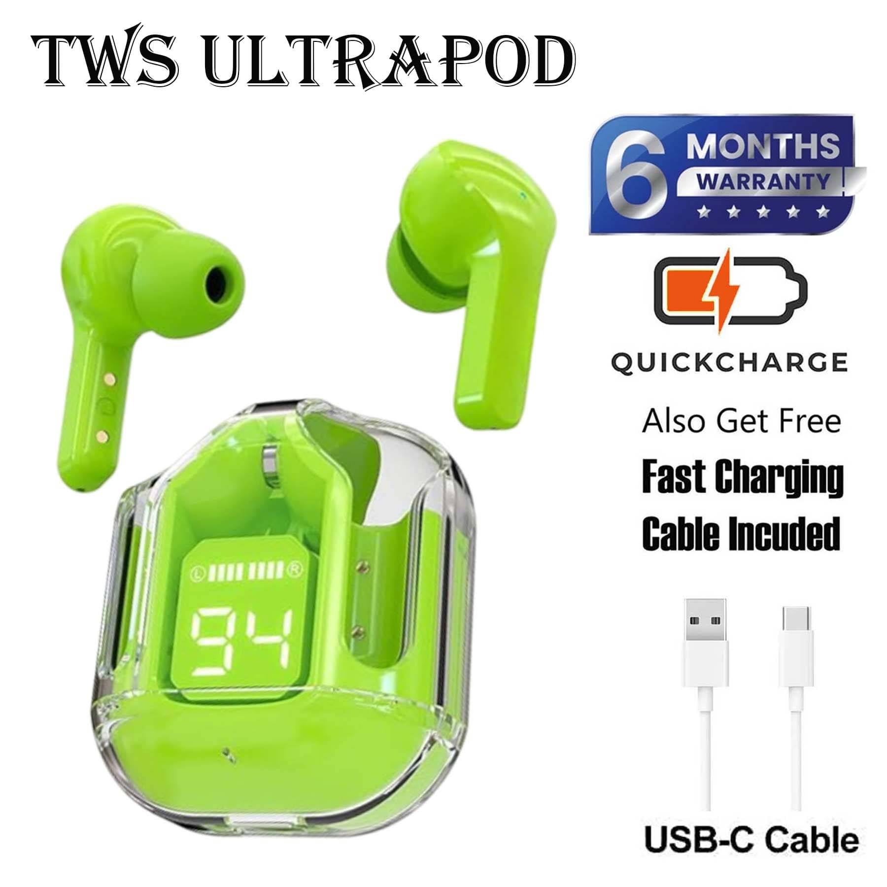     			U7 Tws Bluetooth Ultrapod, 30 hours of Playback and Deep Bass, Fast Charging, 3D Sound, Ultra Low Latency