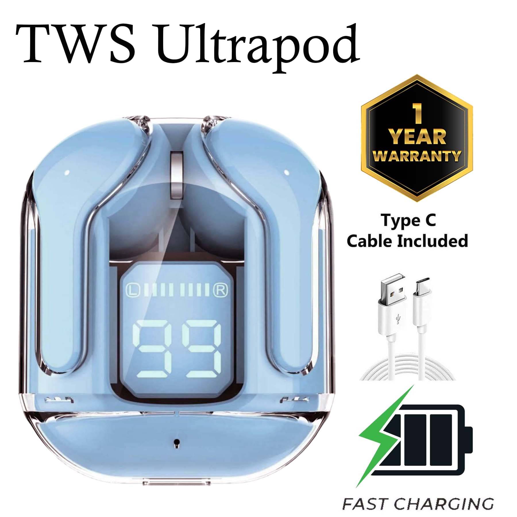     			U7 Tws Ultrapods, Bluetooth Headphone, Upto 30Hr Playtime Fast Charging Dual Pairing, Gaming, Fast Charging, 3D Sound