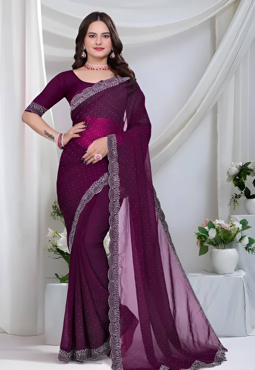 V FANCY Georgette Solid Kanjeevaram Sarees With Stitched Blouse ( Purple ) V FANCY Georgette Solid Kanjeevaram Sarees With Stitched Blouse ( Purple )
