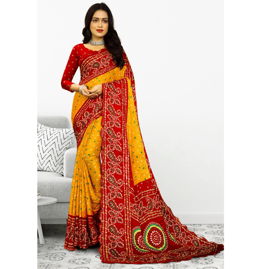     			VAANISRI Chiffon Printed Bandhani Sarees With Unstitched Blouse Piece ( Yellow )