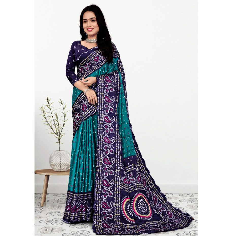 VAANISRI Chiffon Printed Bandhani Sarees With Unstitched Blouse Piece ( Teal ) VAANISRI Chiffon Printed Bandhani Sarees With Unstitched Blouse Piece ( Teal )