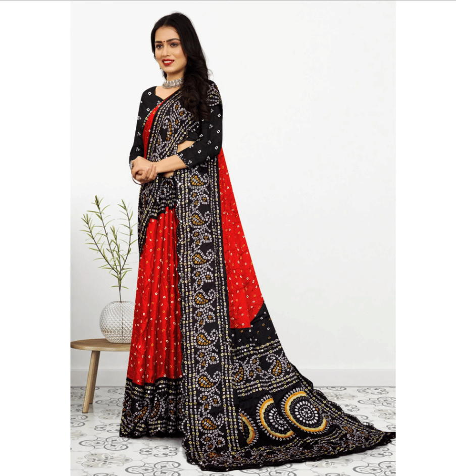 VAANISRI Chiffon Printed Bandhani Sarees With Unstitched Blouse Piece ( Red )     			VAANISRI Chiffon Printed Bandhani Sarees With Unstitched Blouse Piece ( Red )