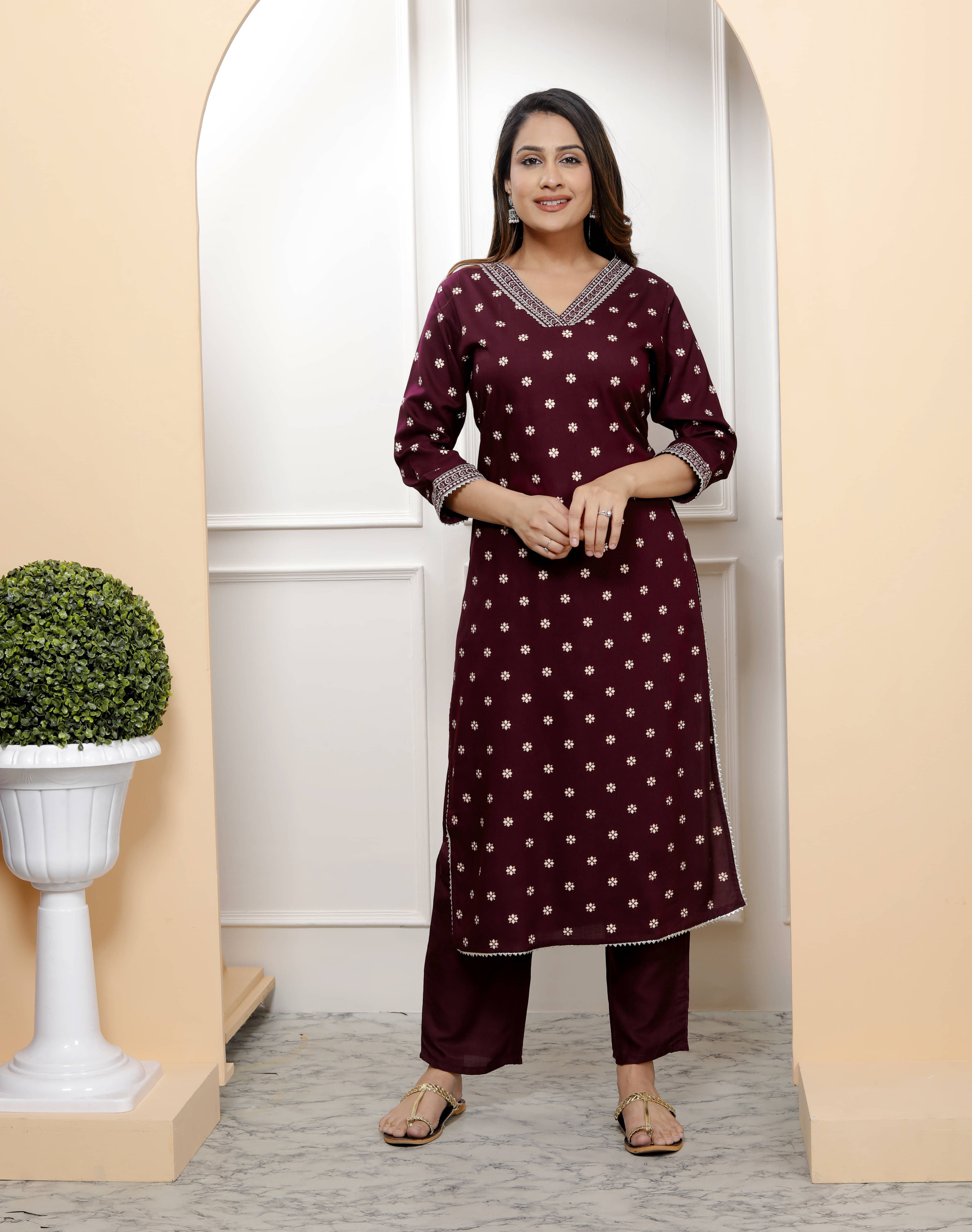     			VESHVITI Women Rayon Embroidered A-line Kurti With Pants ( Purple )