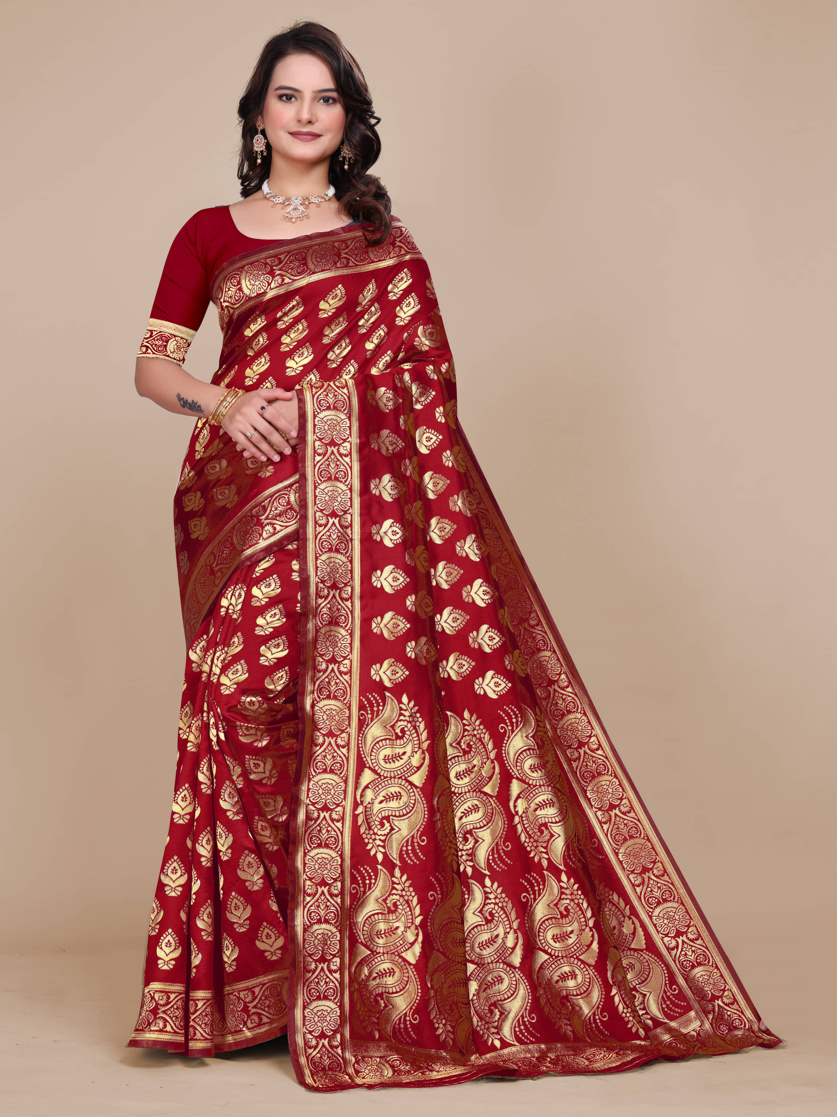    			VS MALL Jacquard Self Design Kanjeevaram Sarees With Unstitched Blouse Piece ( Maroon )