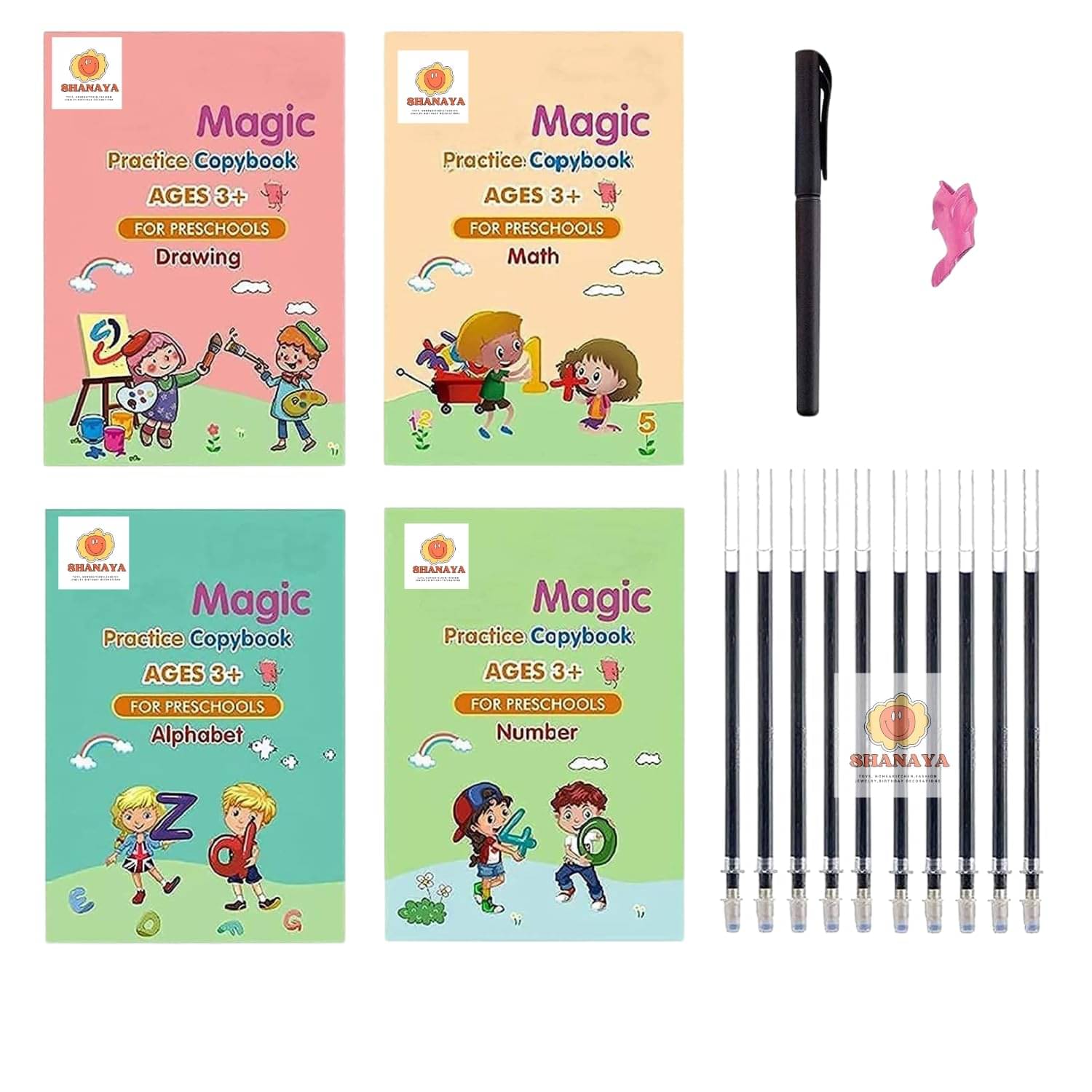     			viDixn (VID-1) Magic Practice Copybook (4 BOOKS+10 REFILL+1Pen+1Grip) Number Tracing Book for Preschoolers with Pen, Magic Calligraphy Copybook Set Practical Reusable Writing Tool (Pack 1)