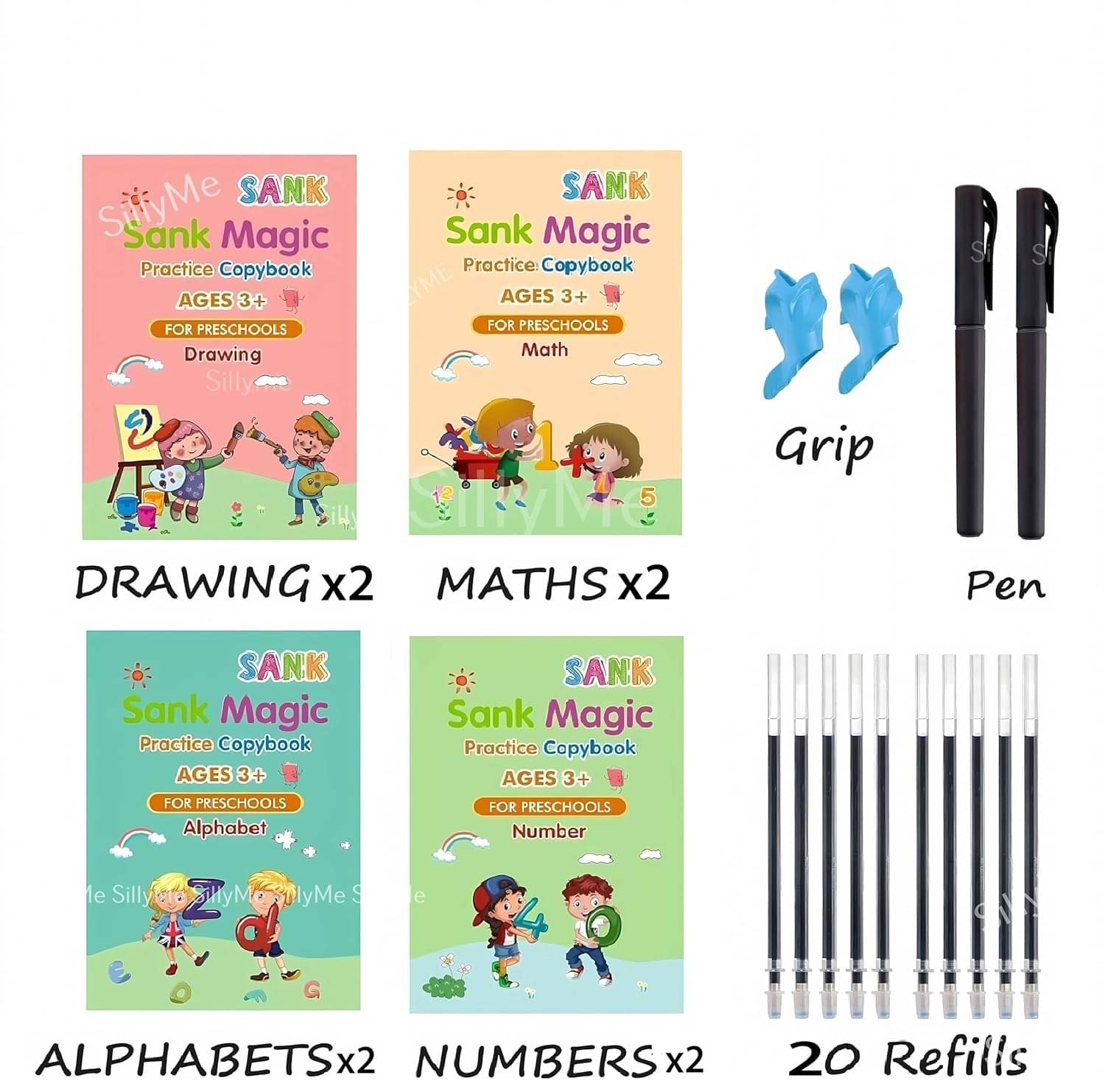     			viDixn (VID-4) Magic Practice Copybook (4 BOOKS+10 REFILL+1Pen+1Grip) Number Tracing Book for Preschoolers with Pen, Magic Calligraphy Copybook Set Practical Reusable Writing Tool (Pack 1)