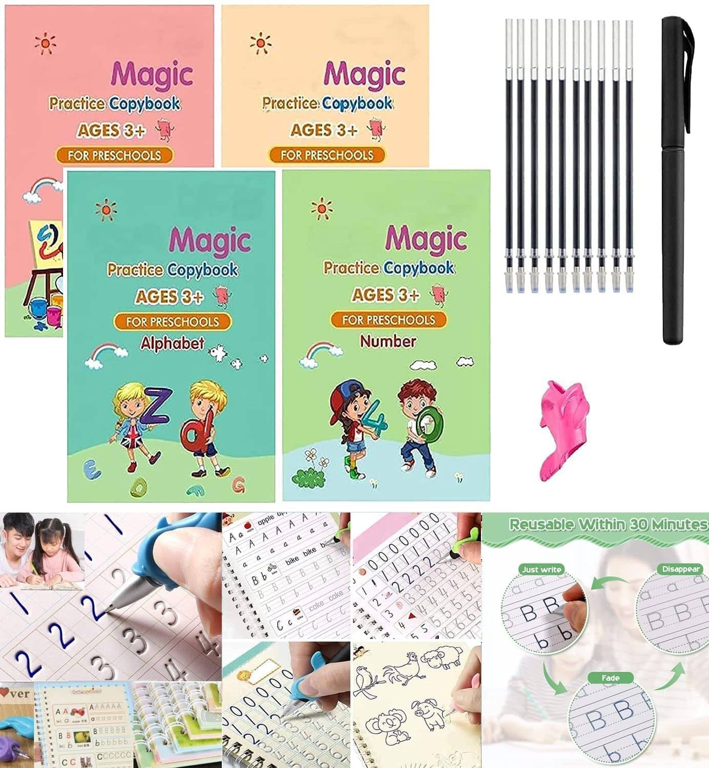 viDixn (VID-5) Magic Practice Copybook (4 BOOKS+10 REFILL+1Pen+1Grip) Number Tracing Book for Preschoolers with Pen, Magic Calligraphy Copybook Set Practical Reusable Writing Tool (Pack 1) viDixn (VID-5) Magic Practice Copybook (4 BOOKS+10 REFILL+1Pen+1Grip) Number Tracing Book for Preschoolers with Pen, Magic Calligraphy Copybook Set Practical Reusable Writing Tool (Pack 1)