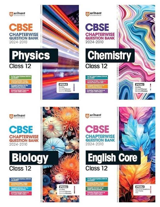     			Arihant 2025-26 Exams CBSE Chapterwise-Question Bank Physics, Chemistry, Biology & English Core for Class 12 (2024 – 2010) | Chapterwise Solved
