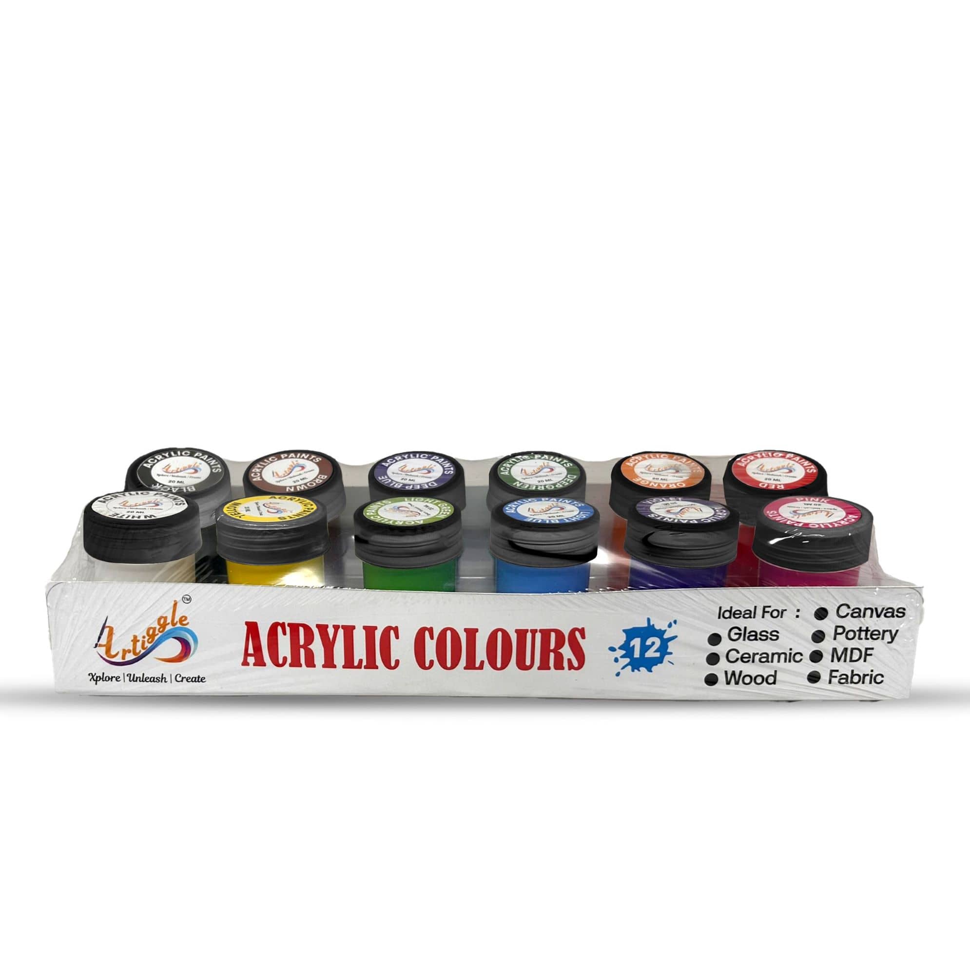 Artiggle Acrylic Colours | 12 Colours x 20 ml | Primary + Secondary | DIY Paint, Rich Pigment | Multicolour & Multi-surface | Non-Cracking Paint for Canvas, Wood, Leather, Earthenware, Metal .