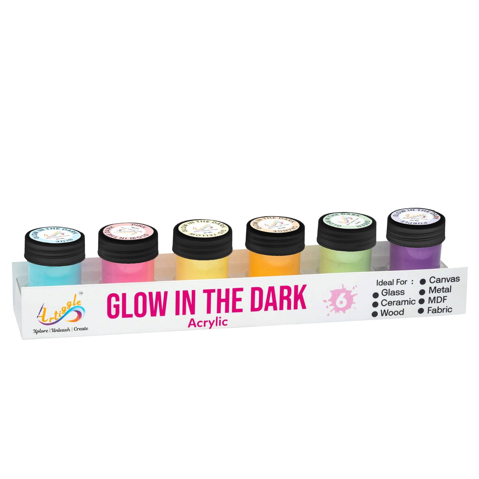     			Artiggle Acrylic Colors Glow In The Dark | 6 Colours x 20 ml | DIY Paint, Rich Pigment | Multicolour & Multi-surface | Non-Cracking Paint for Canvas, Wood, Leather, Earthenware, Metal