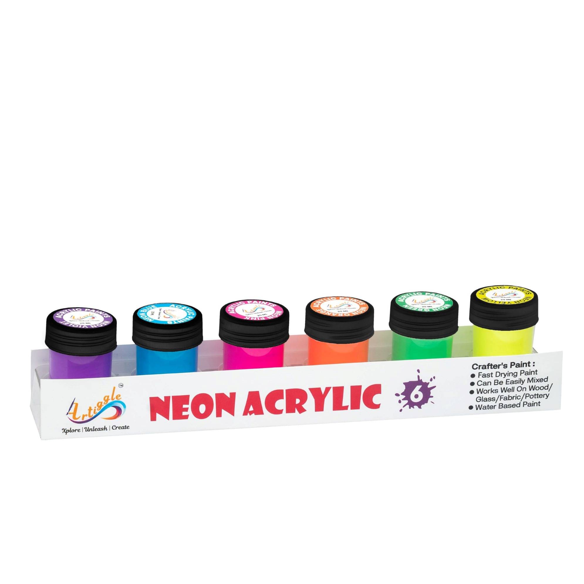     			Artiggle Acrylic Neon Colours | 6 Colours x 20 ml | DIY Paint, Rich Pigment | Multicolour & Multi-surface | Non-Cracking Paint for Canvas, Wood, Leather, Earthenware, Metal (Neon)