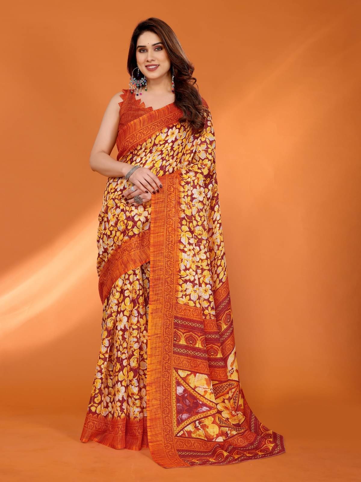     			BLEESBURY Cotton Blend Printed Kota Doria Saree With Unstitched Blouse Piece ( Orange )