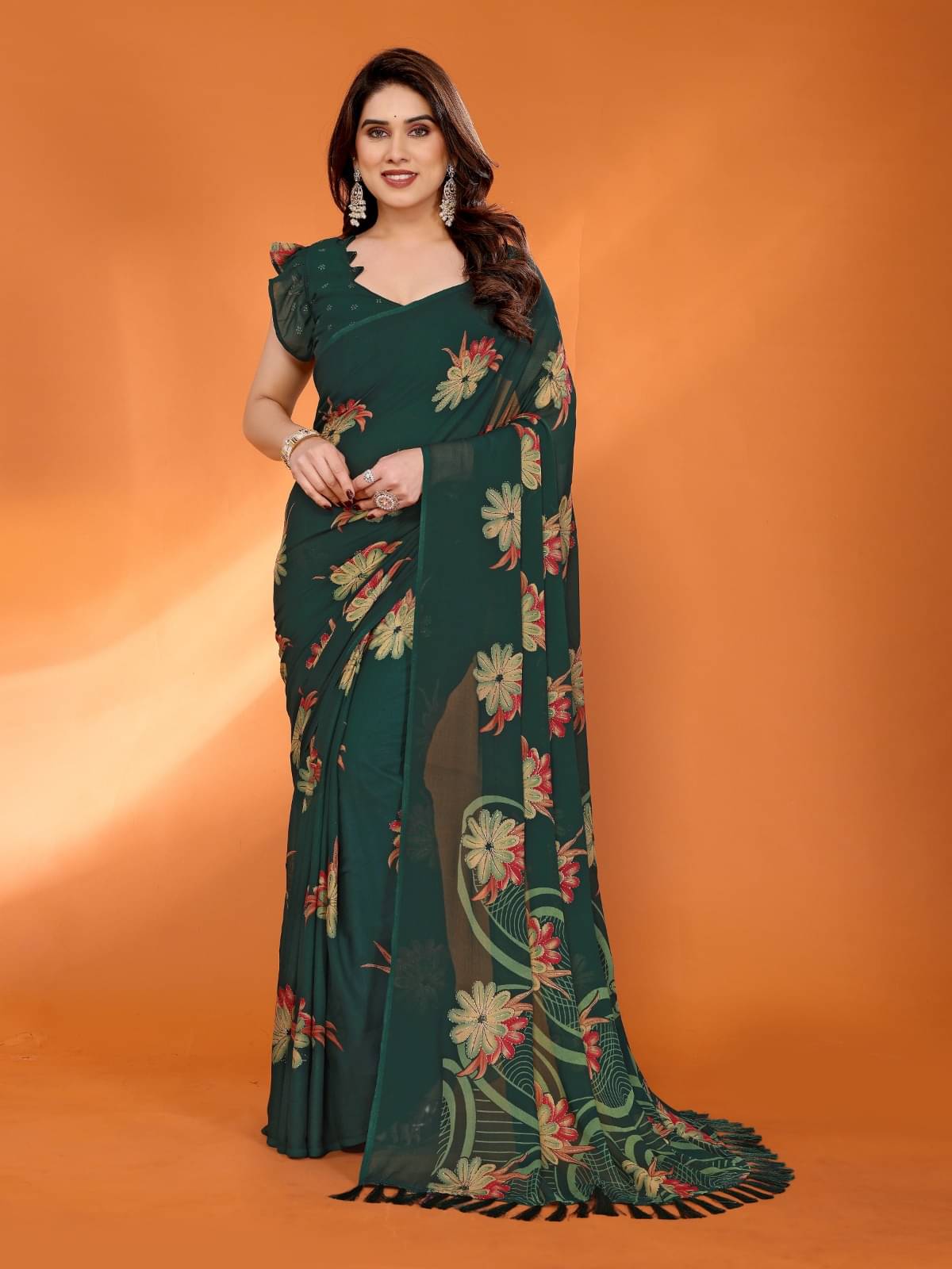 BLEESBURY Crepe Printed Baluchari Saree With Unstitched Blouse Piece ( Green ) BLEESBURY Crepe Printed Baluchari Saree With Unstitched Blouse Piece ( Green )