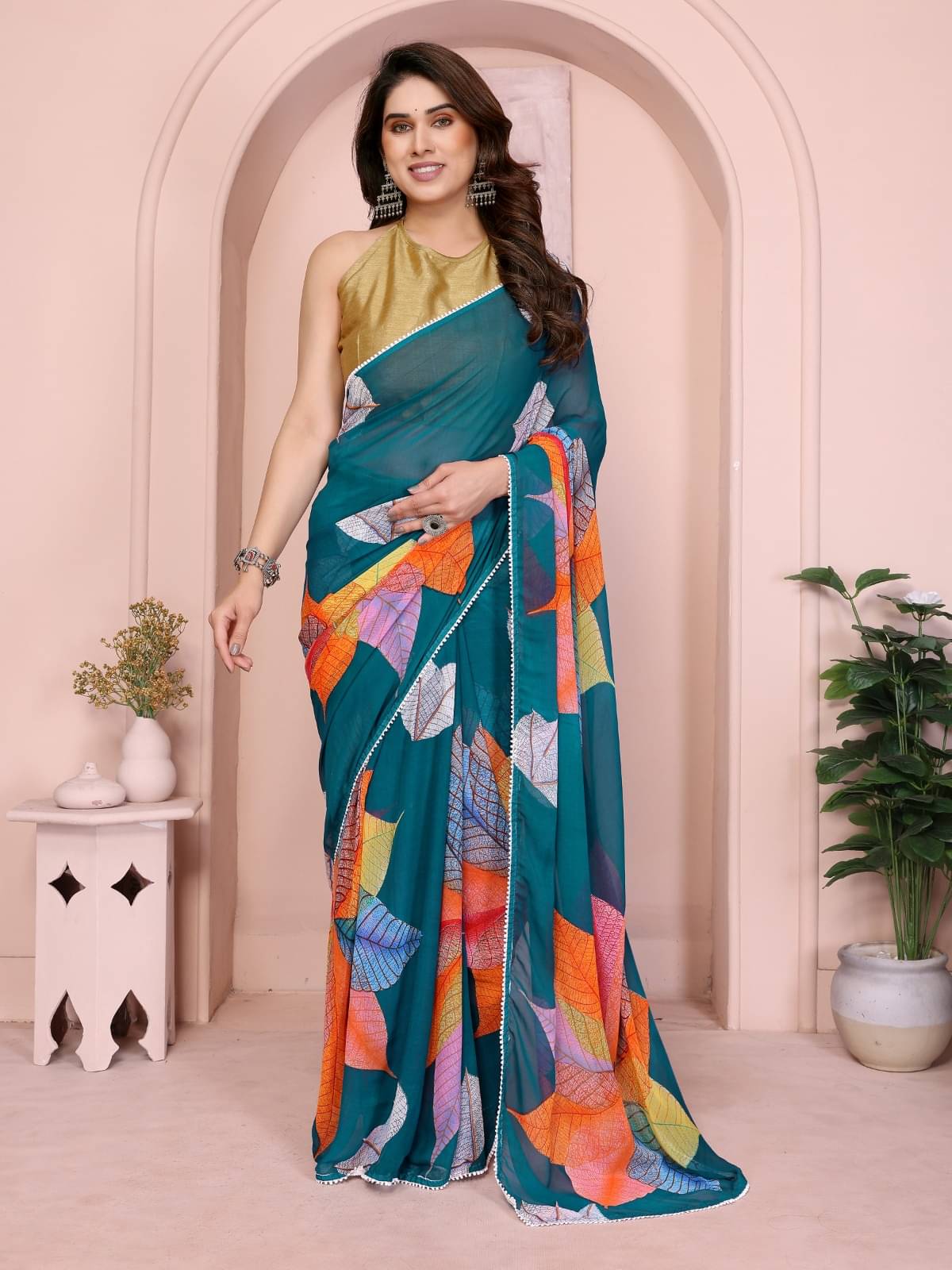 BLEESBURY Georgette Printed Maheshwari Saree With Unstitched Blouse Piece ( Rama ) BLEESBURY Georgette Printed Maheshwari Saree With Unstitched Blouse Piece ( Rama )