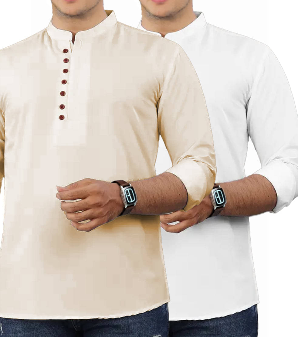 CROWNTAIL Beige Cotton Men's Shirt Style Kurta ( Pack of 2 )     			CROWNTAIL Beige Cotton Men's Shirt Style Kurta ( Pack of 2 )