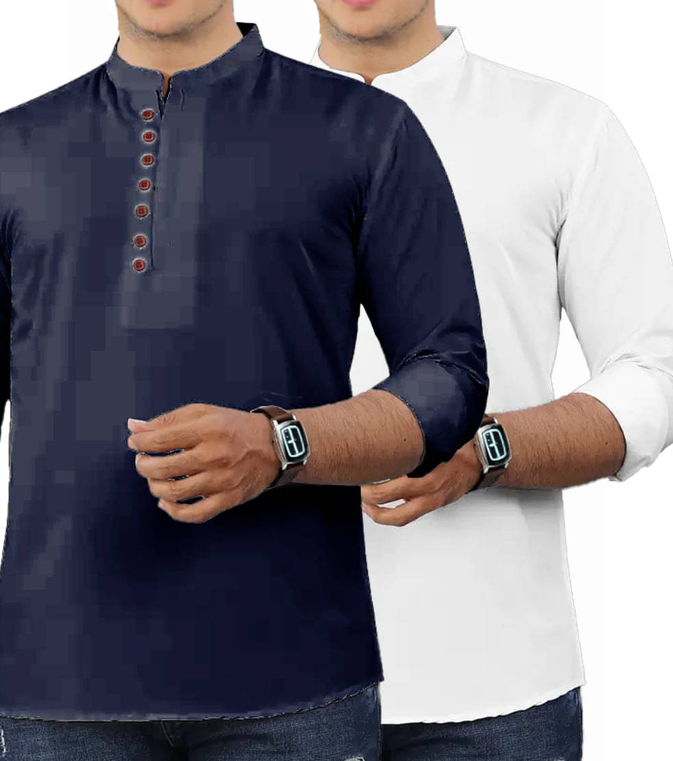 CROWNTAIL Navy Blue Cotton Men's Shirt Style Kurta ( Pack of 2 ) CROWNTAIL Navy Blue Cotton Men's Shirt Style Kurta ( Pack of 2 )