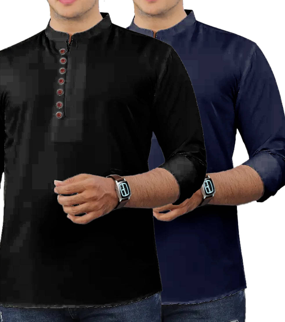     			CROWNTAIL Navy Blue Cotton Men's Shirt Style Kurta ( Pack of 2 )