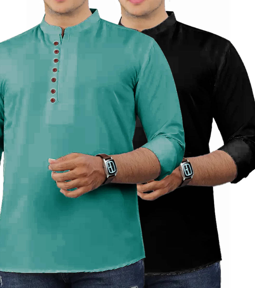 CROWNTAIL Turquoise Cotton Men's Shirt Style Kurta ( Pack of 2 )     			CROWNTAIL Turquoise Cotton Men's Shirt Style Kurta ( Pack of 2 )
