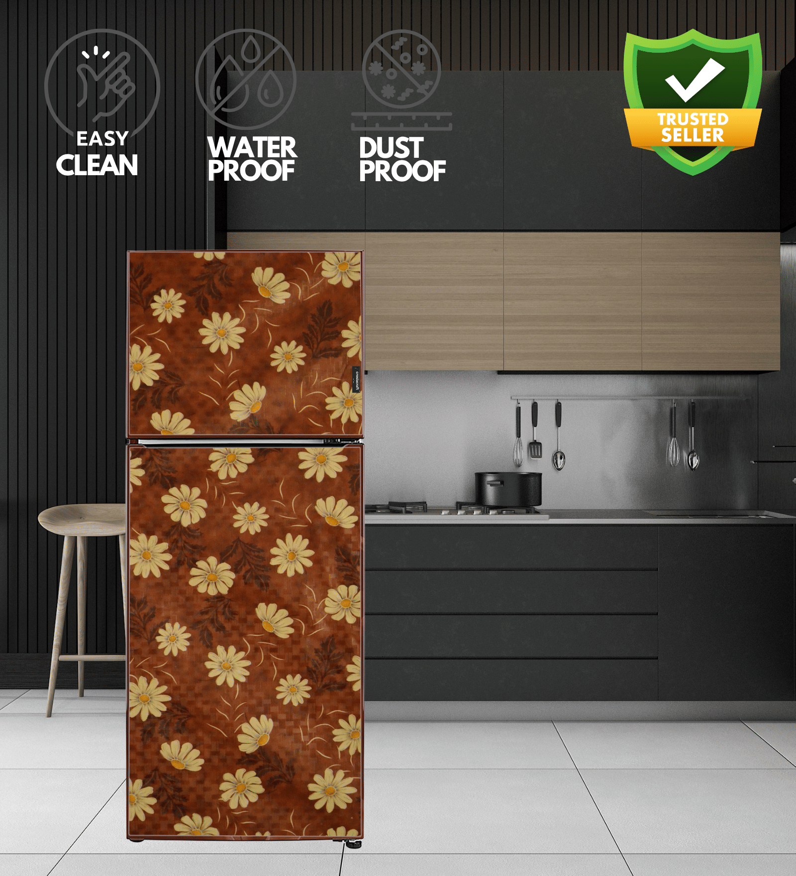 Crosia Craft PVC Floral Fridge Covers ( 63 69 ) Pack of 1 - Brown Crosia Craft PVC Floral Fridge Covers ( 63 69 ) Pack of 1 - Brown
