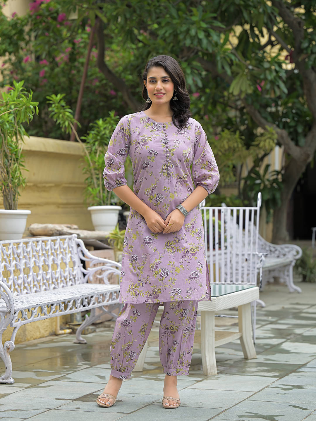 Divena Women Cotton Printed Straight Kurti With Harems Pants ( Purple ) Divena Women Cotton Printed Straight Kurti With Harems Pants ( Purple )