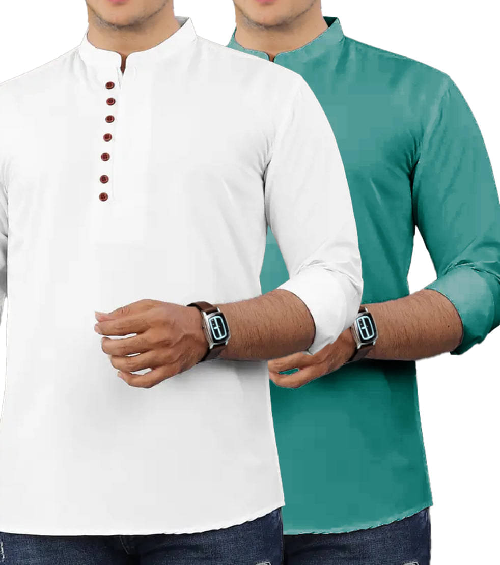    			GOD HEART Turquoise Cotton Men's Shirt Style Kurta ( Pack of 2 )