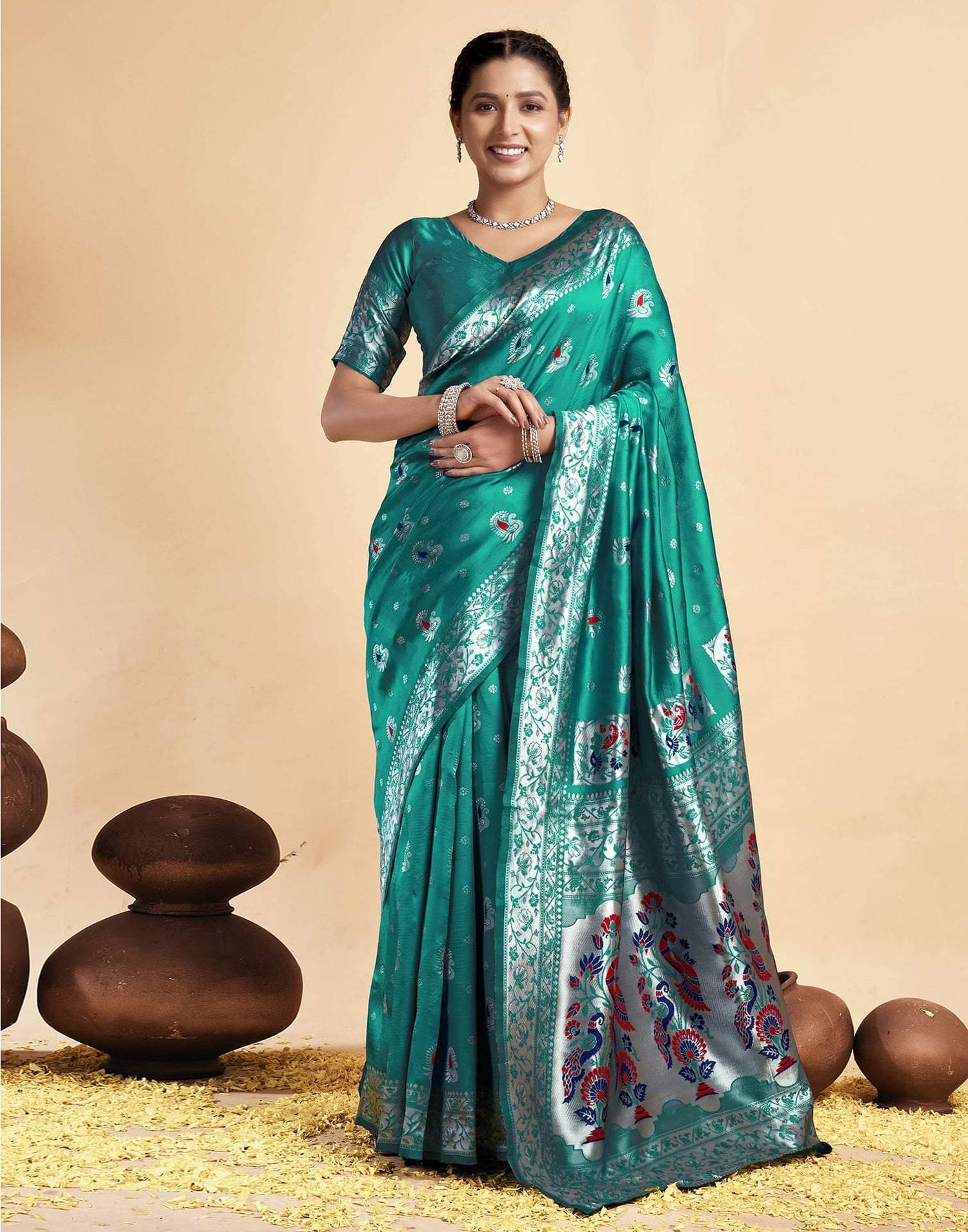 HB VENTURE Art Silk Applique Banarasi saree With Unstitched Blouse Piece ( Rama ) HB VENTURE Art Silk Applique Banarasi saree With Unstitched Blouse Piece ( Rama )