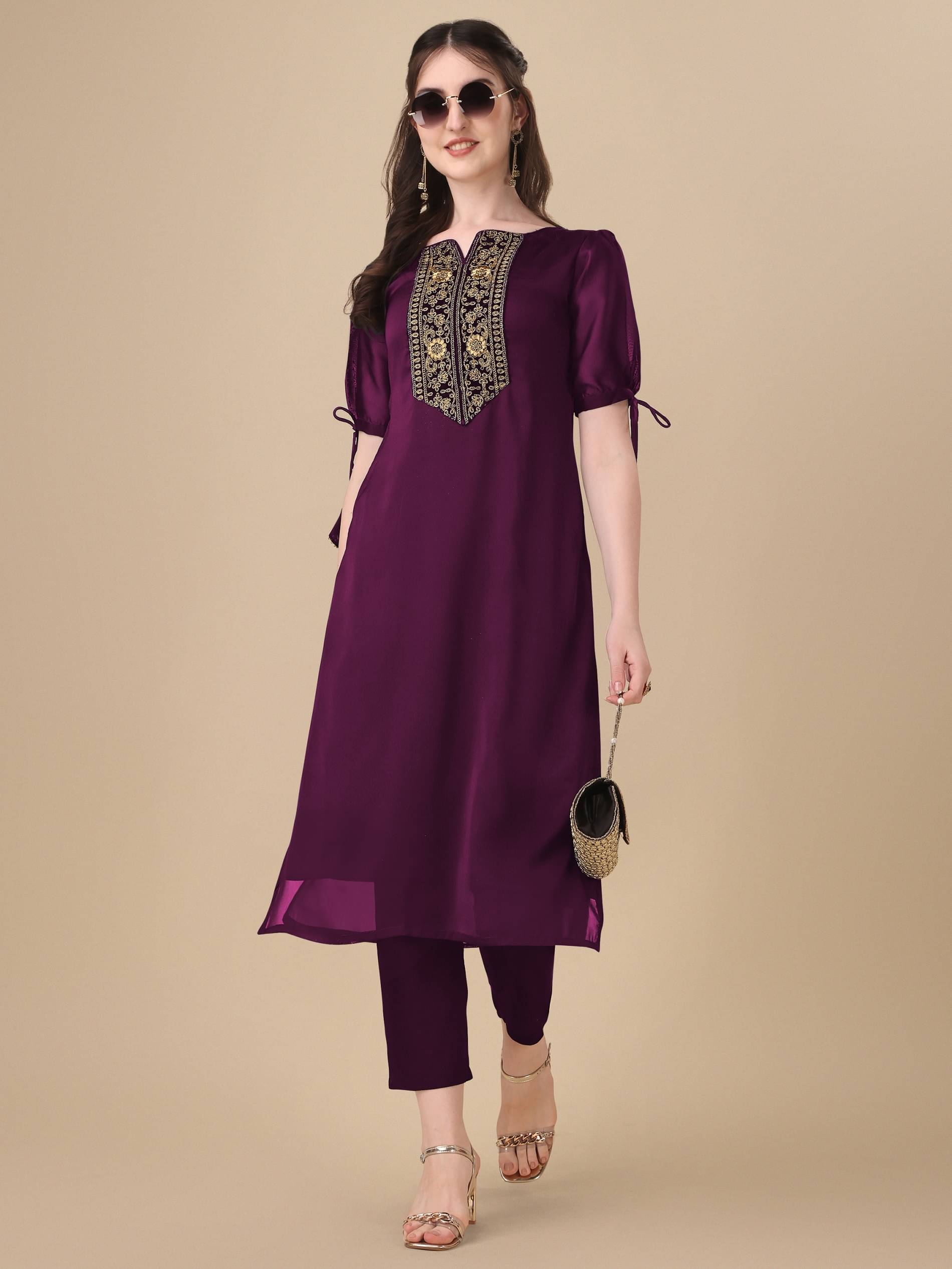     			HIFLI Women Silk Embroidered Straight Kurti ( Wine )