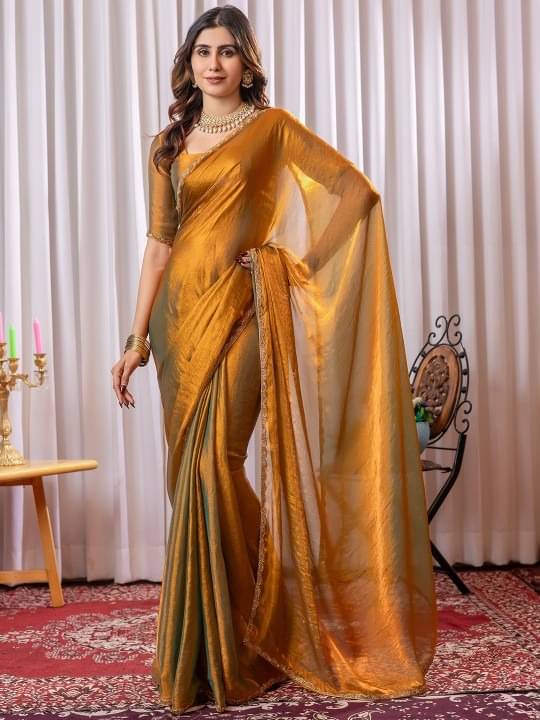 Kalpana Creation Chiffon Dyed Uppada saree With Unstitched Blouse Piece ( Gold )     			Kalpana Creation Chiffon Dyed Uppada saree With Unstitched Blouse Piece ( Gold )
