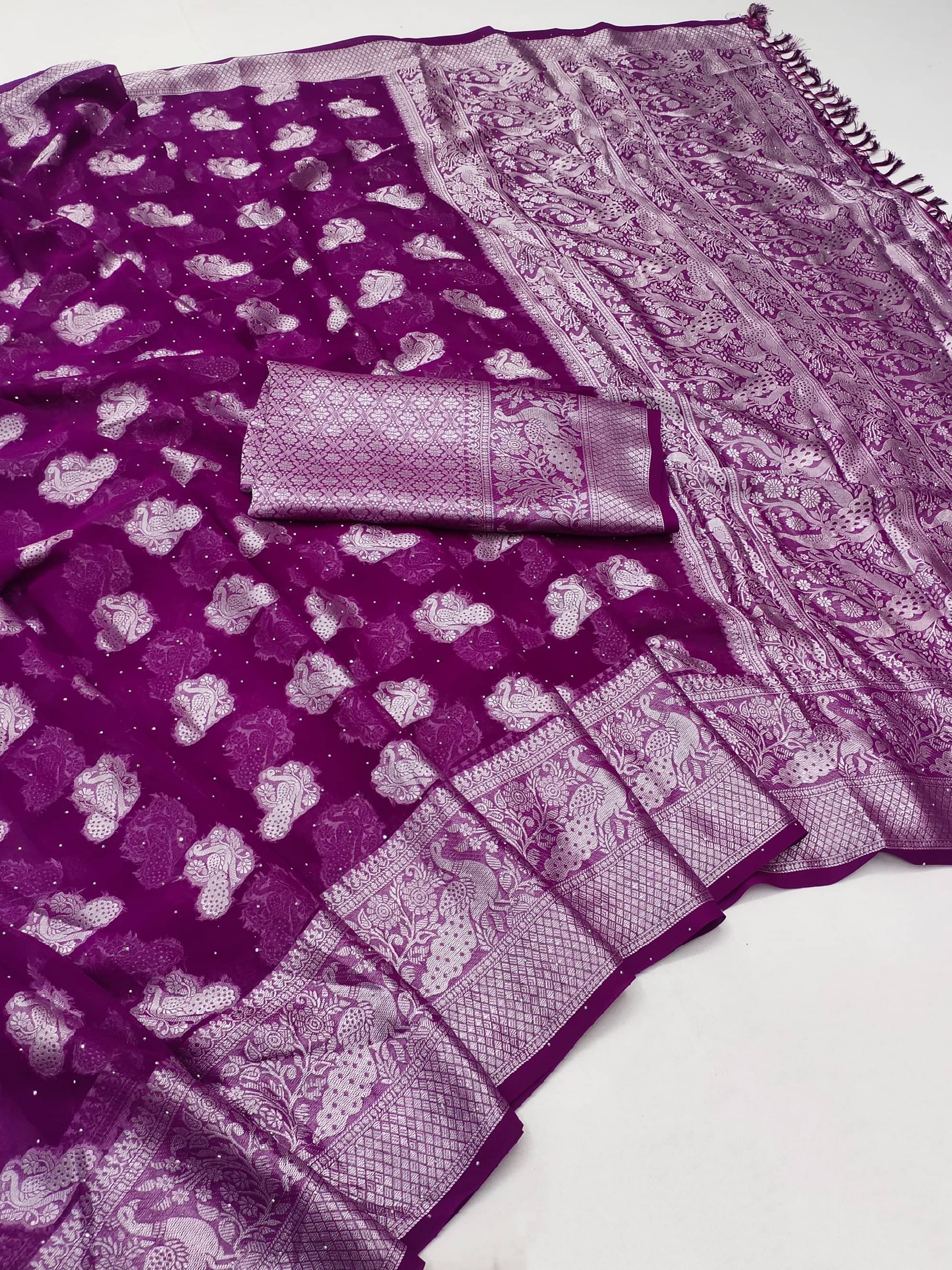 Kalpana Creation Georgette Woven Banarasi saree With Unstitched Blouse Piece ( Wine ) Kalpana Creation Georgette Woven Banarasi saree With Unstitched Blouse Piece ( Wine )