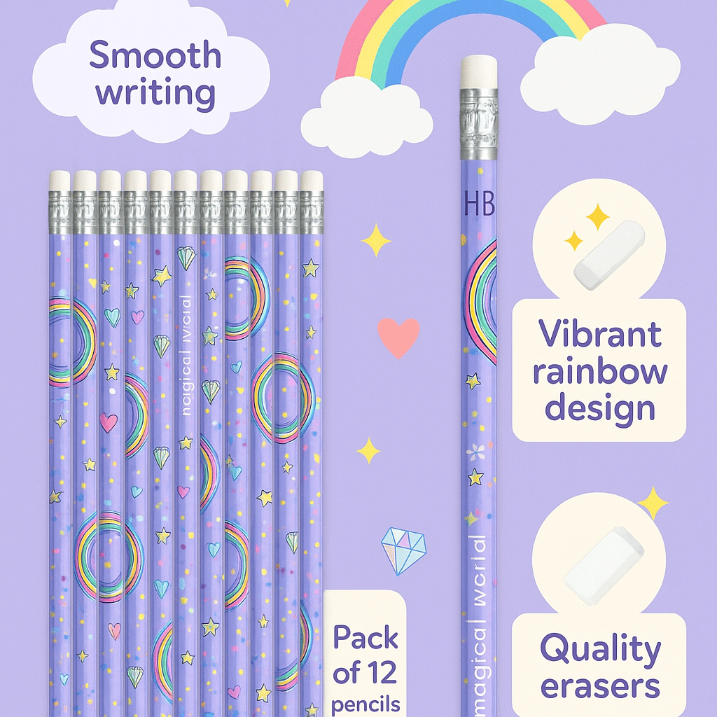     			Kalra Magic HB Pencils for Kids 12 Pack | Cute Rainbow Design 7.5 Inch Wood-Cased Graphite Pencils with Erasers | Fun Stationery for School, Party Favors, Gifts