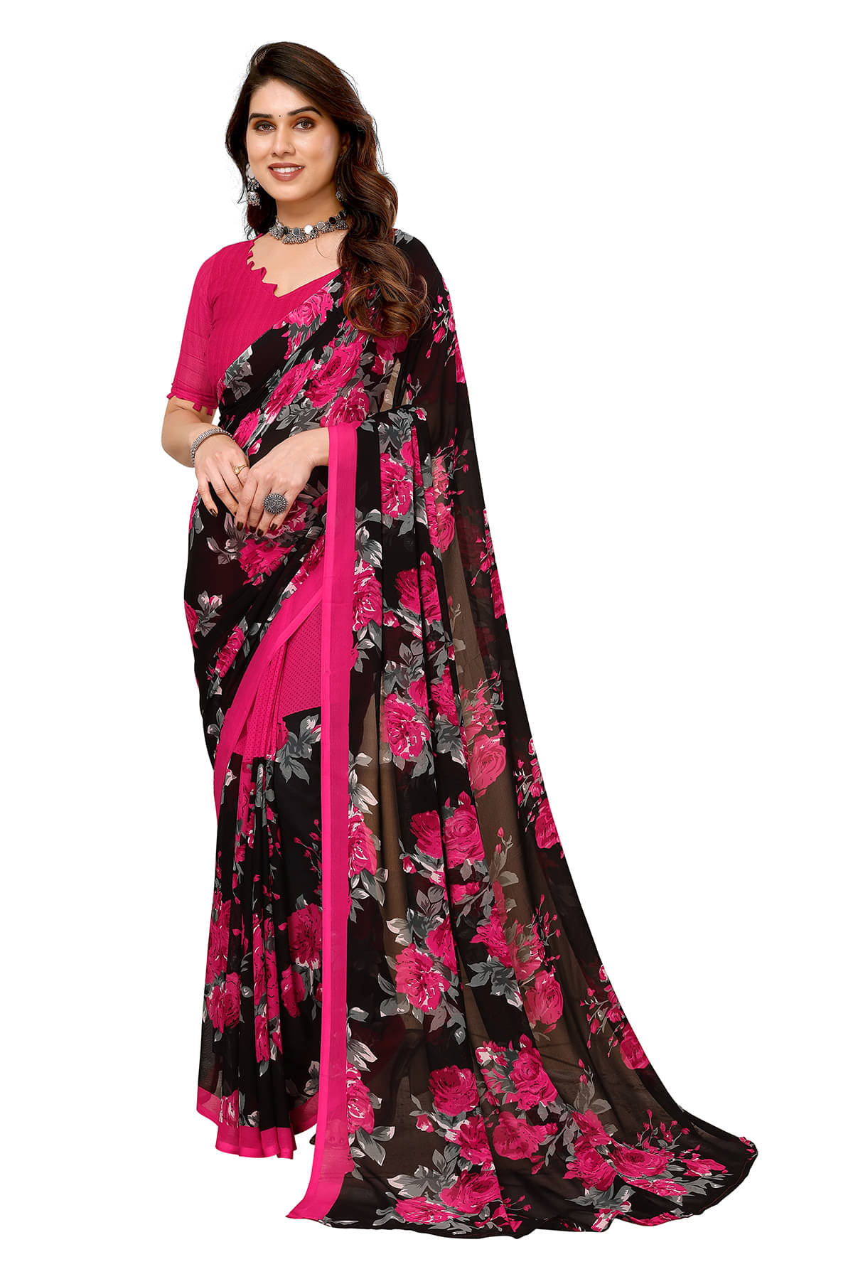     			Kashvi Sarees Georgette Printed Ilkal Saree With Unstitched Blouse Piece ( Pink )