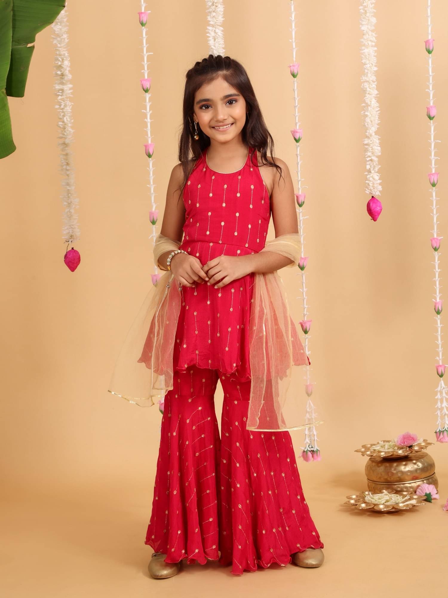     			MASTARANG Girls Chiffon Kurti with Sharara ( Pack of 1 , Red )