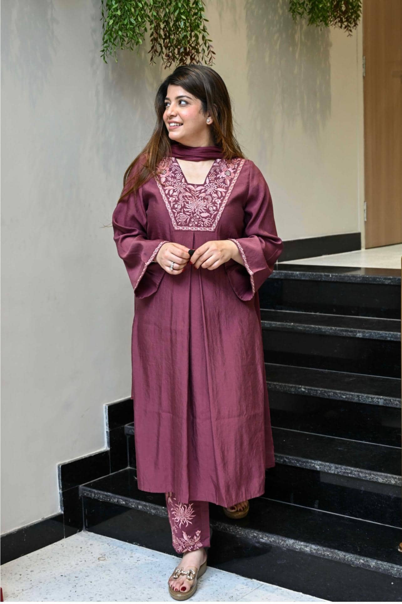 Mahek Fashion Women Silk Blend Embroidered A-line Kurti With Pants ( Brown )