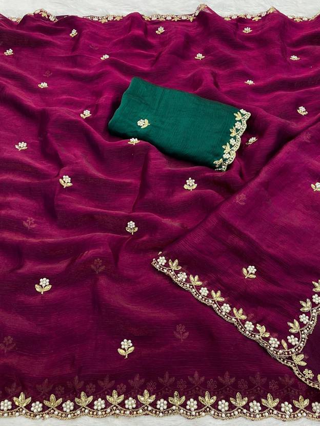     			Sanwariya Silks Chiffon Embellished Maheshwari Saree With Unstitched Blouse Piece ( Wine )