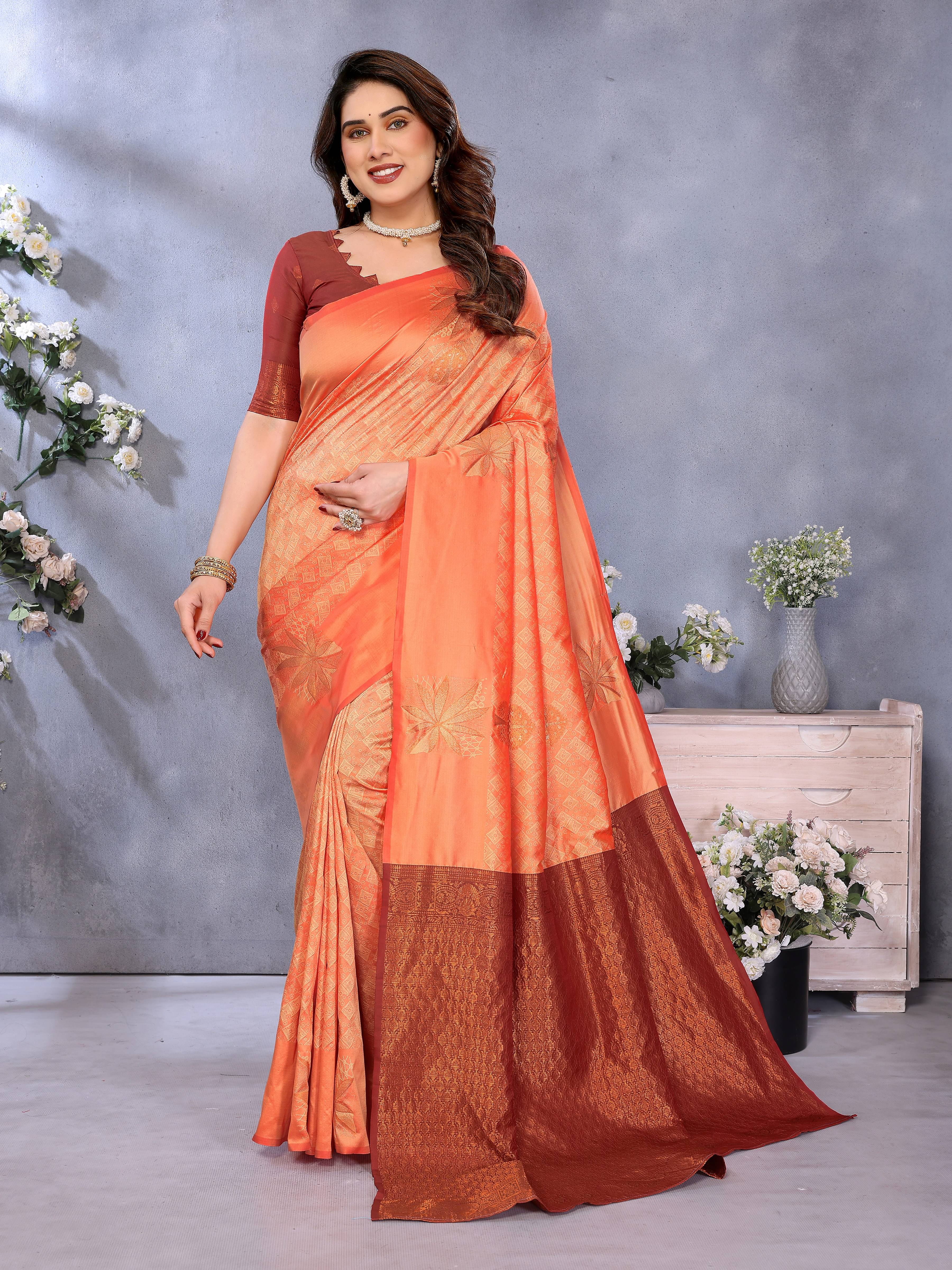 Sidhidata Jacquard Printed Banarasi saree With Unstitched Blouse Piece ( Orange ) Sidhidata Jacquard Printed Banarasi saree With Unstitched Blouse Piece ( Orange )