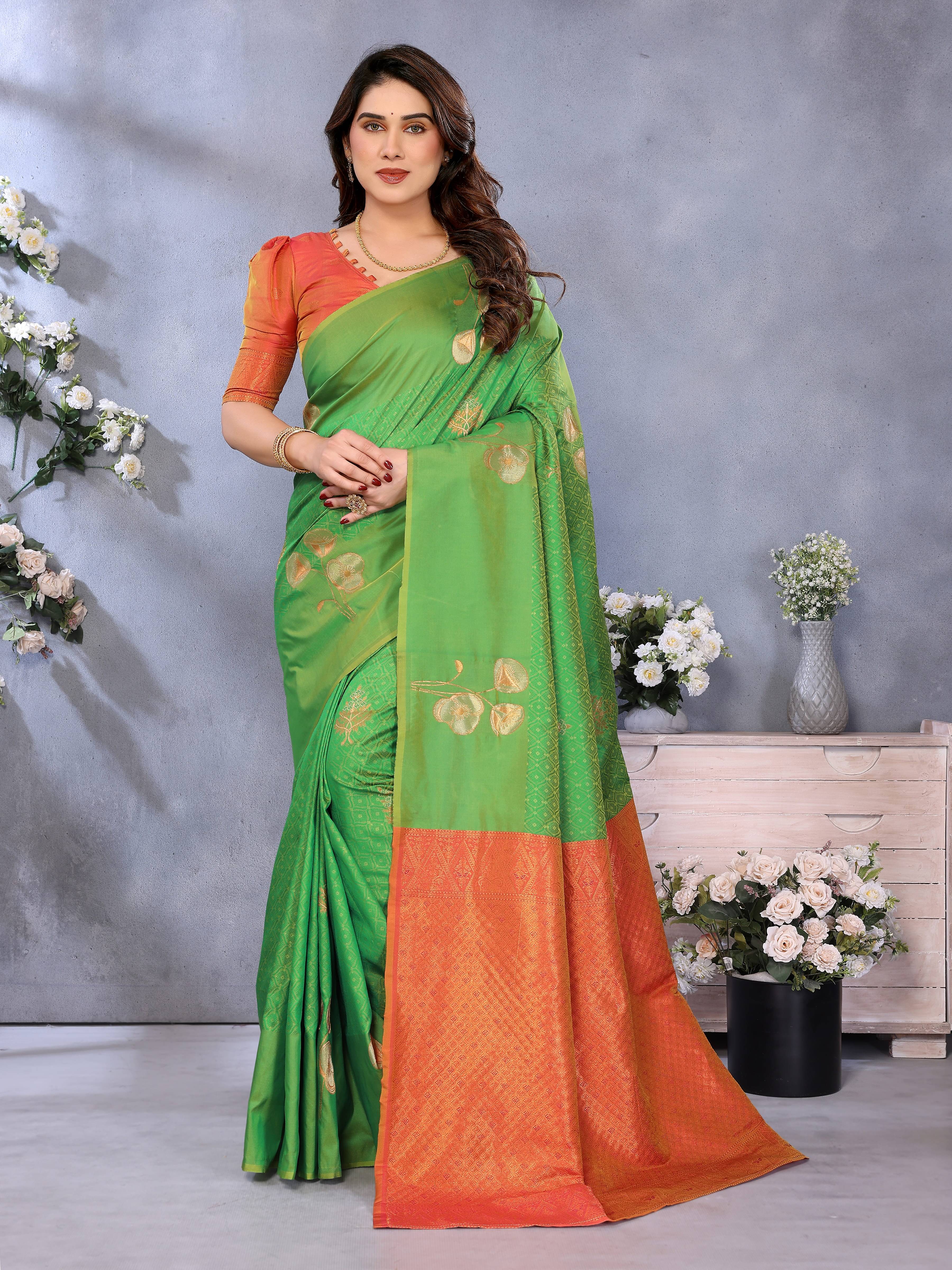     			Sidhidata Jacquard Printed Banarasi saree With Unstitched Blouse Piece ( LightGreen )
