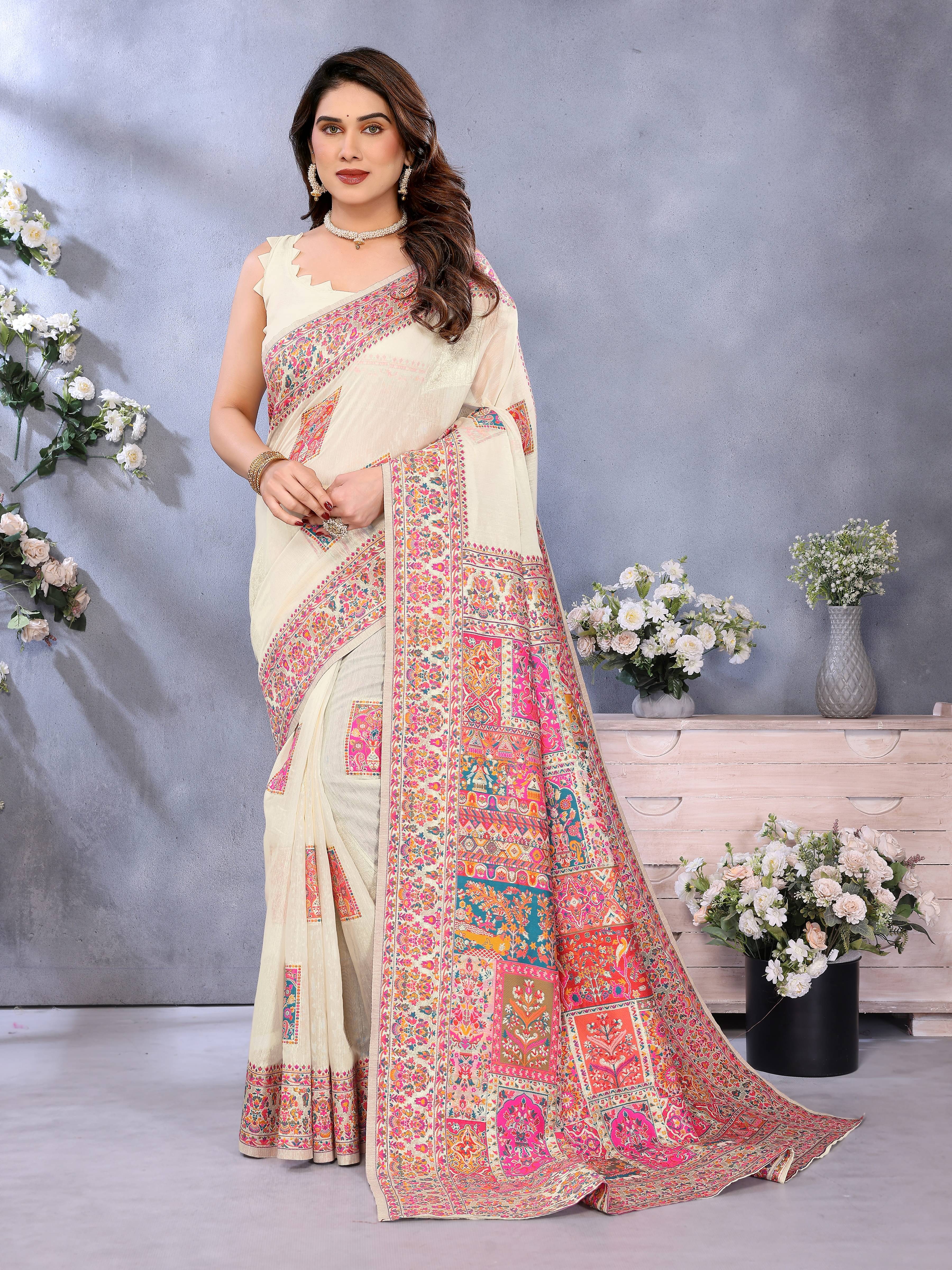 Sidhidata Jacquard Printed Pashmina Saree With Unstitched Blouse Piece ( Cream ) Sidhidata Jacquard Printed Pashmina Saree With Unstitched Blouse Piece ( Cream )
