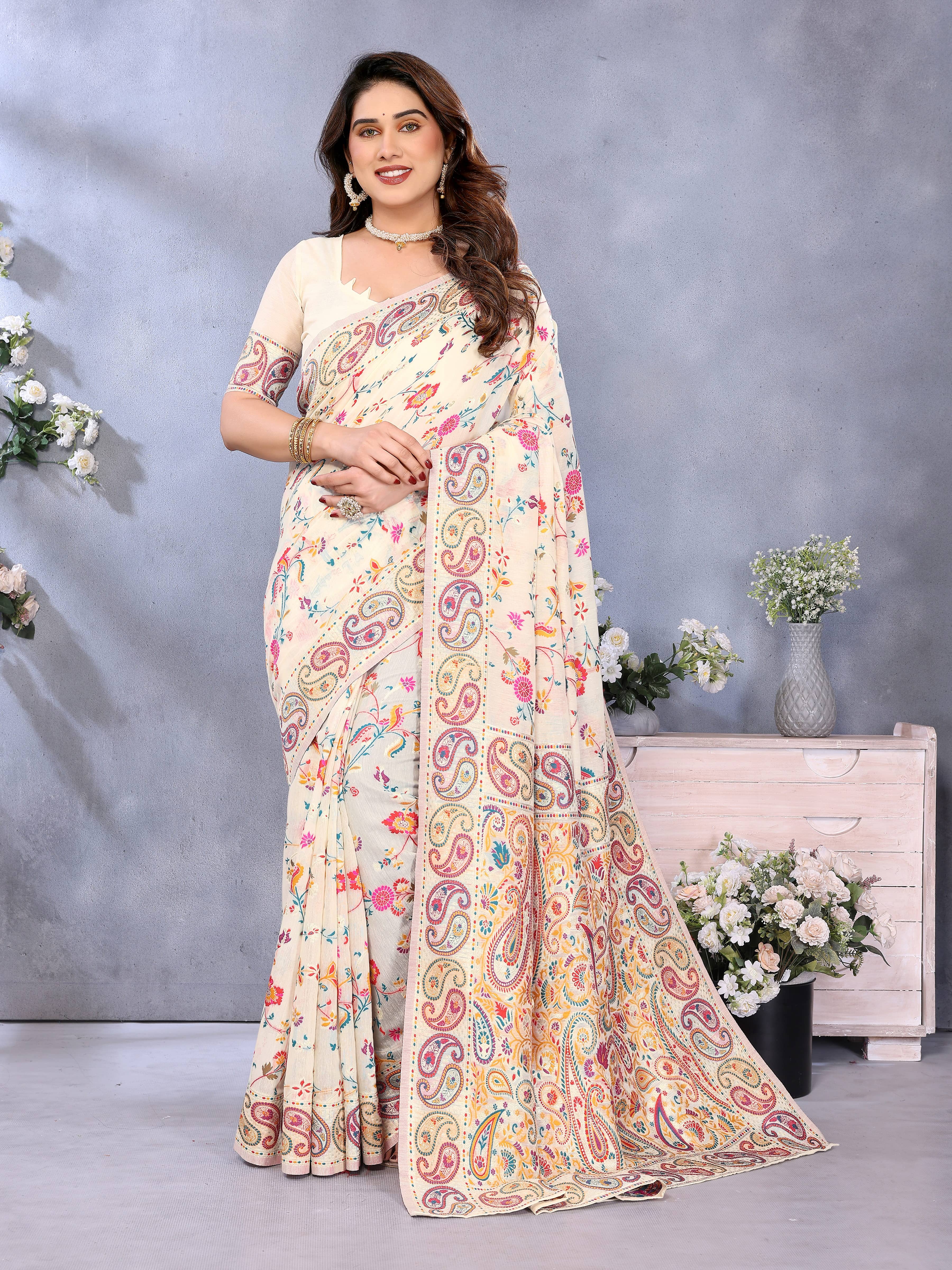 Sidhidata Jacquard Printed Pashmina Saree With Unstitched Blouse Piece ( Cream ) - Sarees | Buy online on ZillyBuy