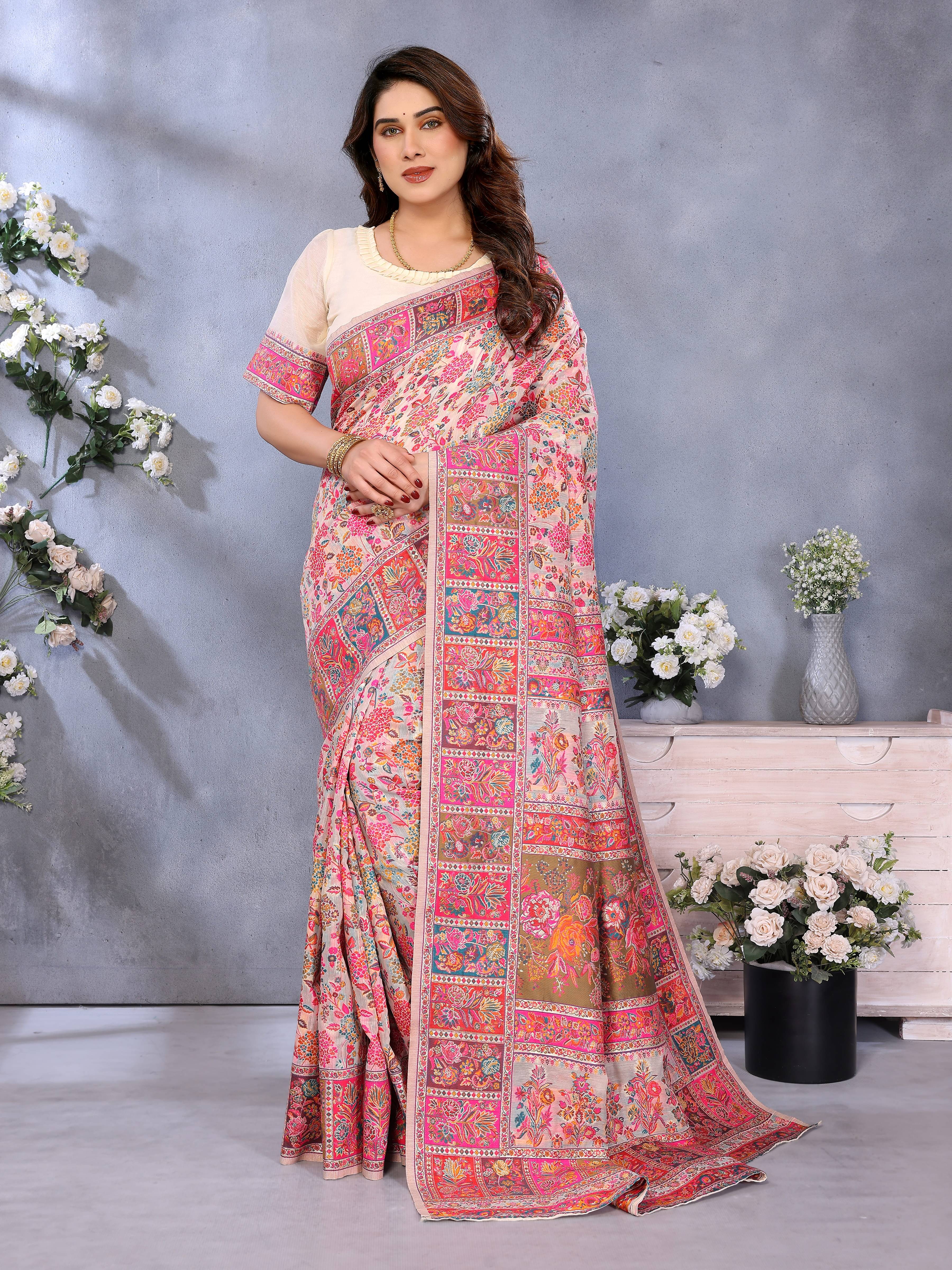     			Sidhidata Jacquard Printed Pashmina Saree With Unstitched Blouse Piece ( Cream )