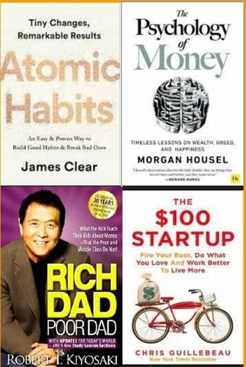     			The ,100 Startup + Atomic Habits + The Psychology of Money + Rich Dad Poor Dad
