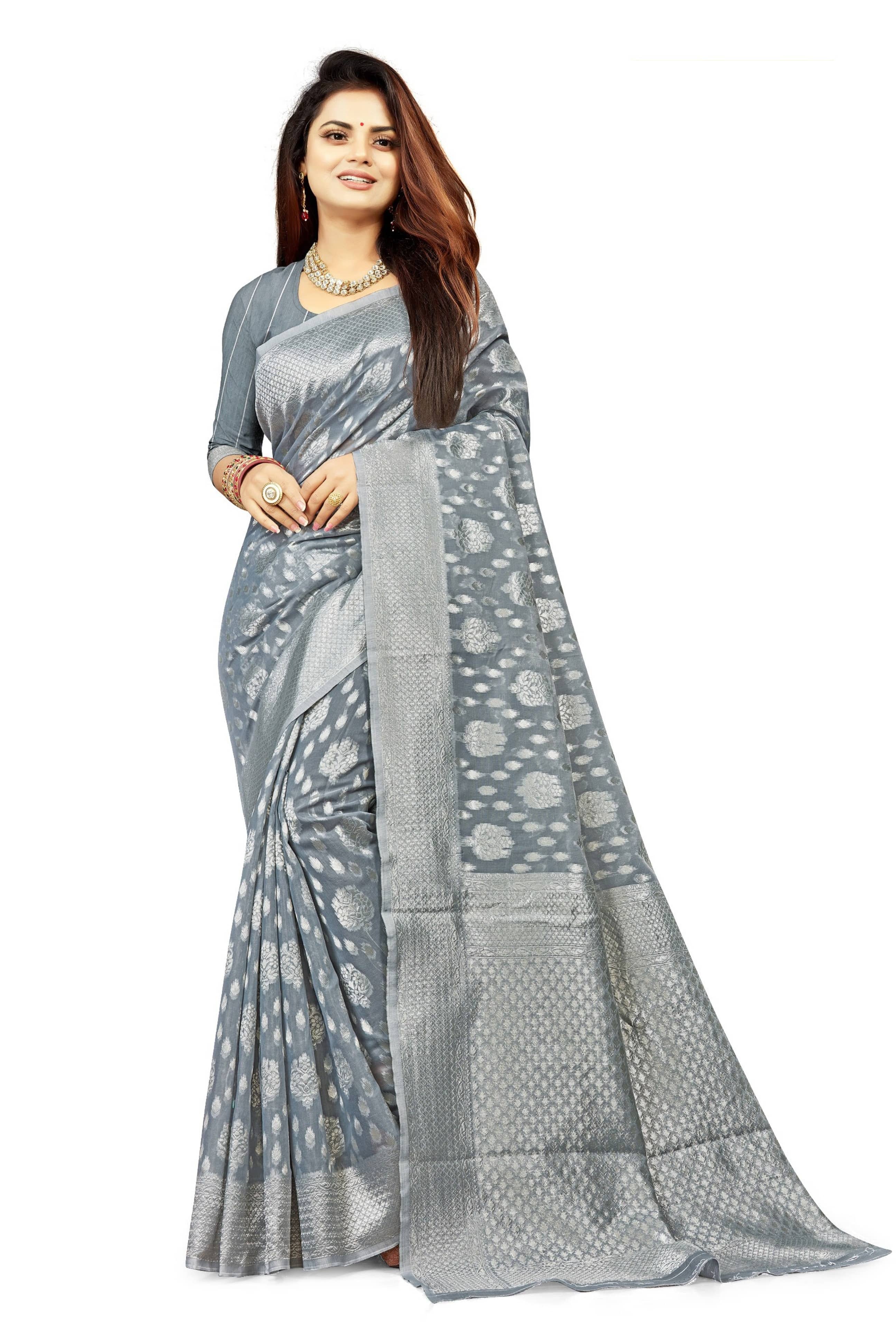 Today Deal Cotton Woven Saree With Unstitched Blouse Piece ( Grey ) - Sarees | Buy online on ZillyBuy