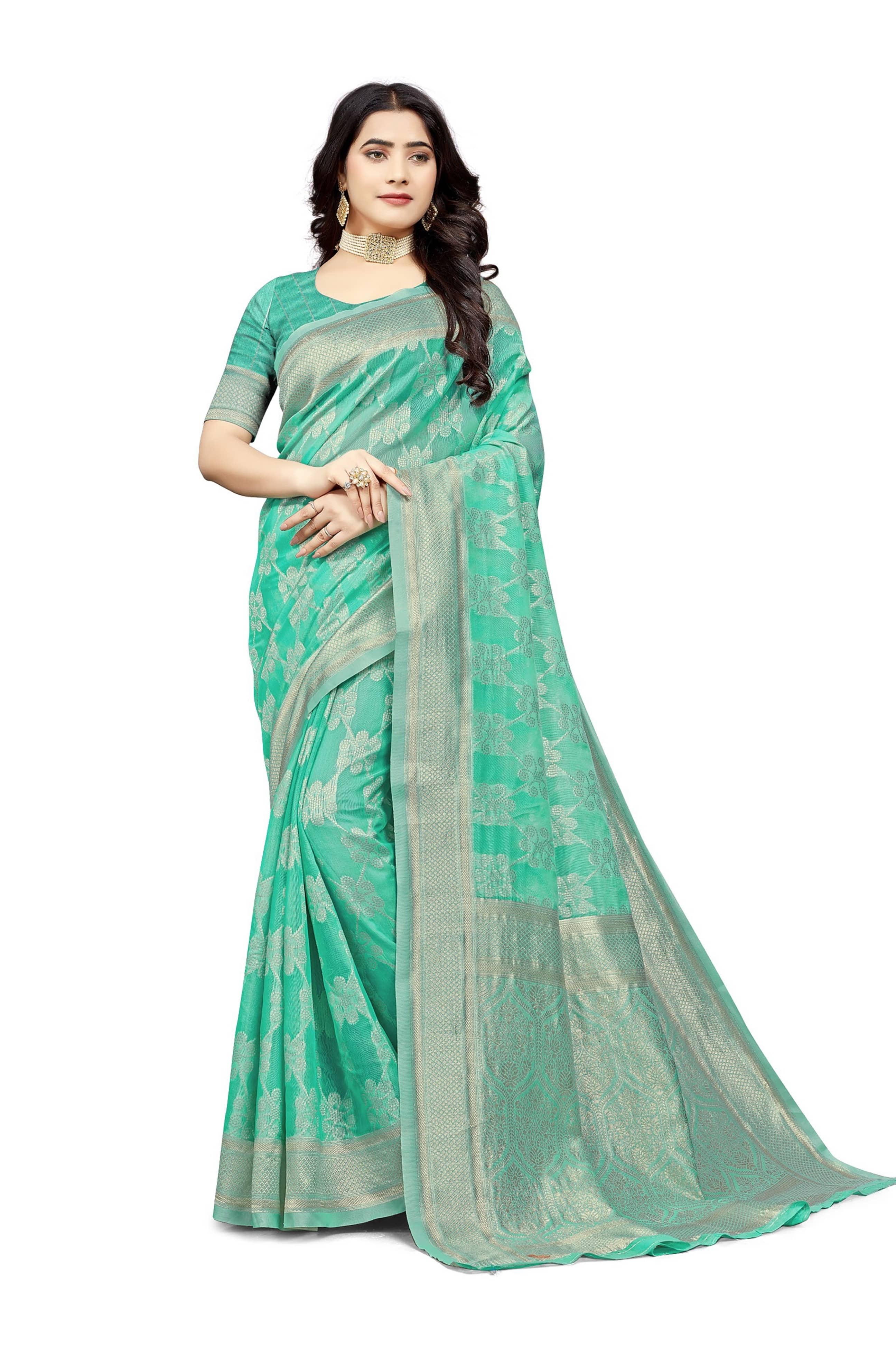 Today Deal Cotton Woven Saree With Unstitched Blouse Piece ( Rama ) - Sarees | Buy online on ZillyBuy