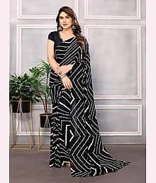 Today Deal Georgette Printed Saree With Unstitched Blouse Piece ( Black )
